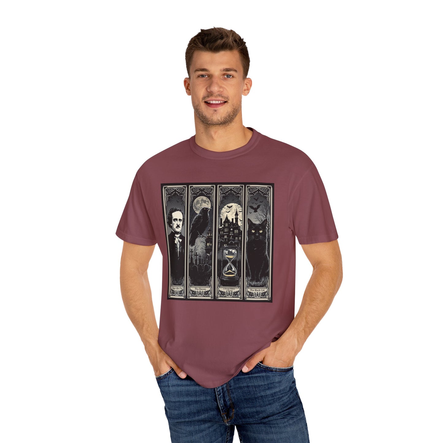 Edgar Allan Poe T-Shirt Gothic Graphic Tee The Raven Nevermore Quote Horror Literature Shirt Dark Academia Aesthetic Halloween Party Gift