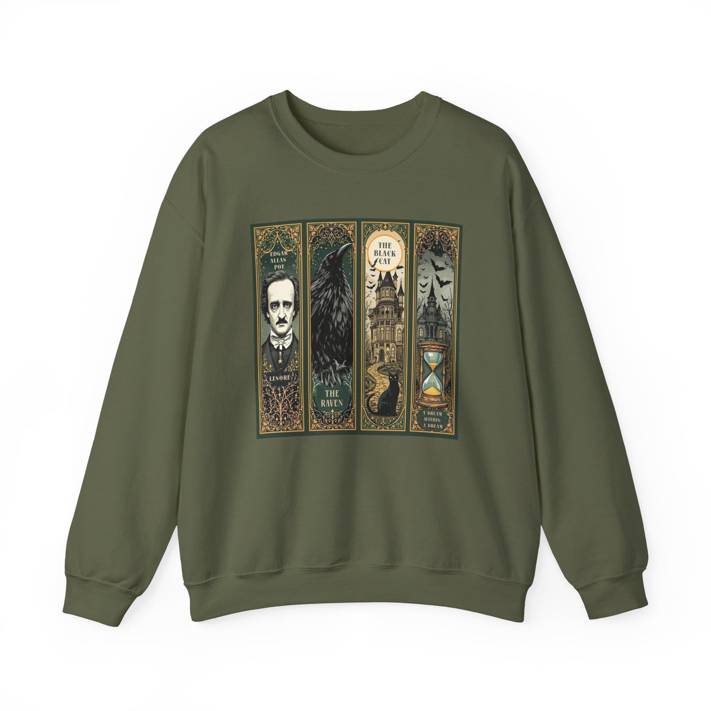 Edgar Allan Poe Sweatshirt The Raven Nevermore Gothic Horror Sweater Dark Academia Macabre Halloween Gift for Book Lovers Birthday Christmas Sweatshirt Printify Military Green S