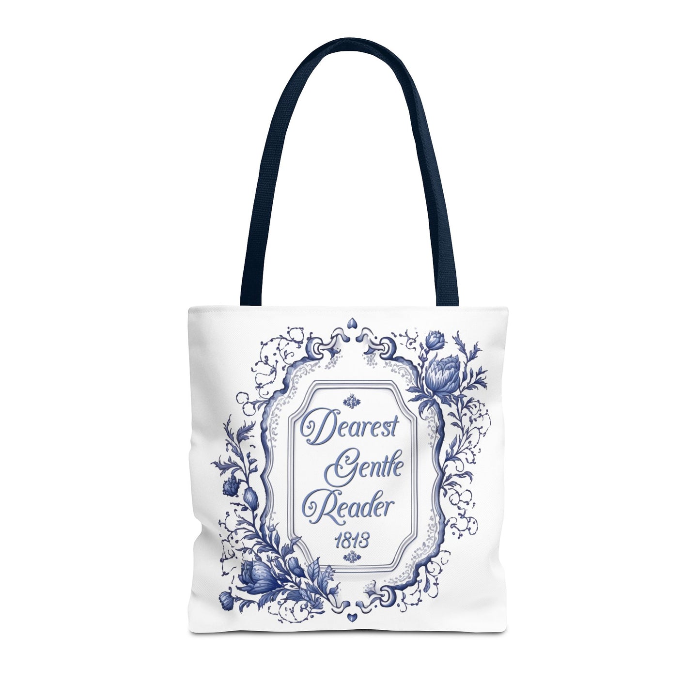 Dearest Gentle Reader Tote Bag Regency England Ton Society Papers Gift For Bridgeton Fan Historical Drama Romance Reader Gift Bookclub Gift Bags Printify 16" × 16'' Navy