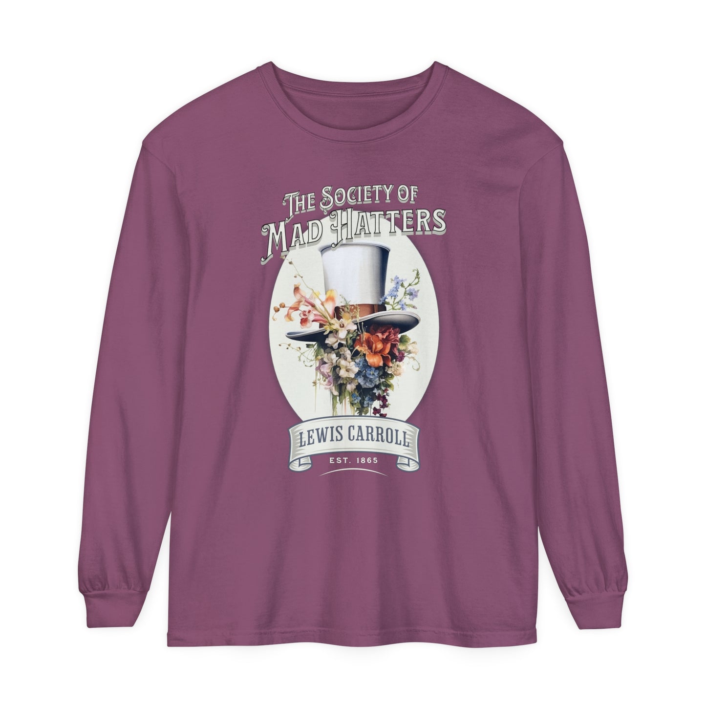 Alice in Wonderland Long Sleeve Shirt, Vintage Lewis Carroll The Mad Hatter TShirt, Tea Party, Queen of Hearts Bookish Booktok Academia Gift Long-sleeve Printify Berry S