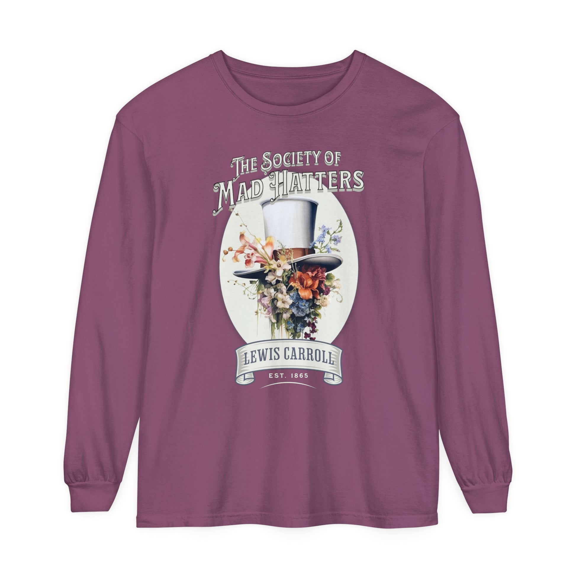 Alice in Wonderland Long Sleeve Shirt, Vintage Lewis Carroll The Mad Hatter TShirt, Tea Party, Queen of Hearts Bookish Booktok Academia Gift Long-sleeve Printify Berry S