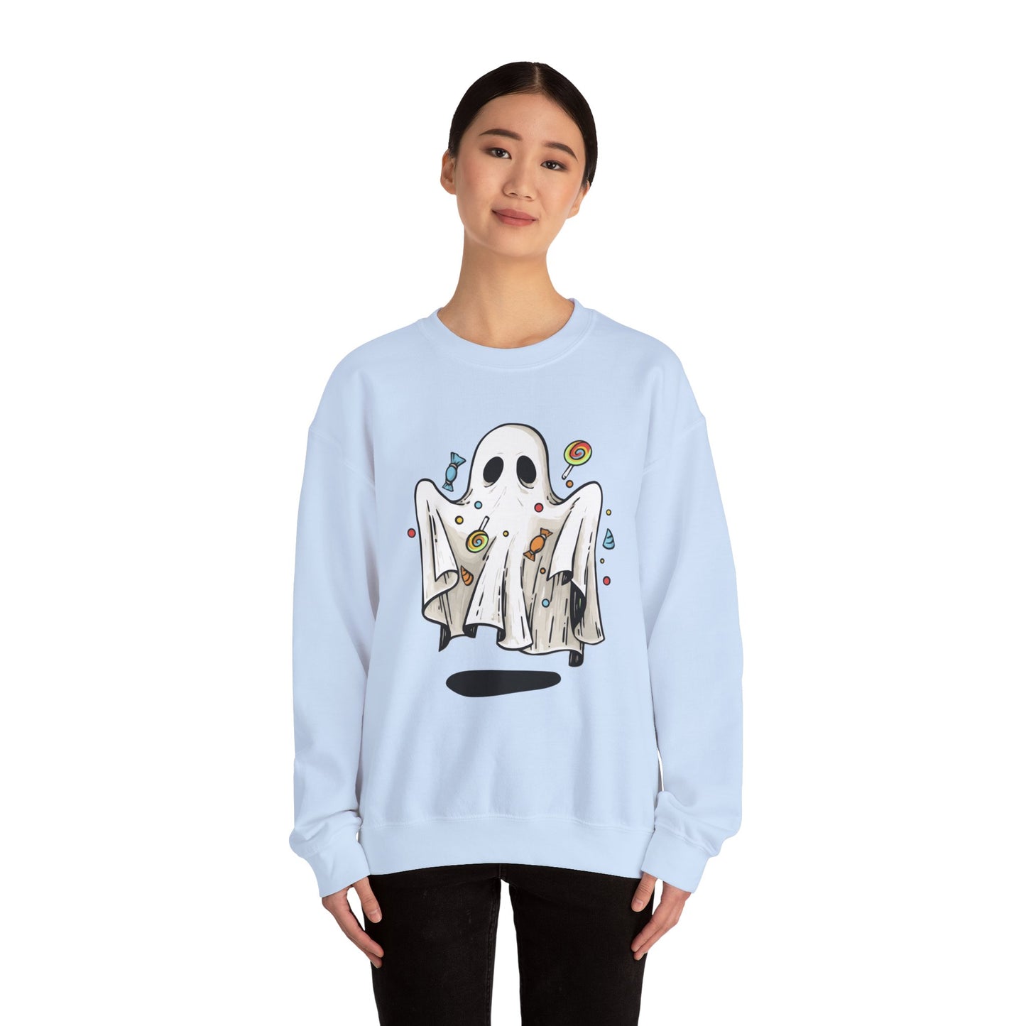 Cute Halloween Ghost Floating, Covered in Candy Sweatshirt, Trick or Treat Shirt, Spooky Ghost Season, Fun Halloween Party, Festival Sweater Sweatshirt Printify