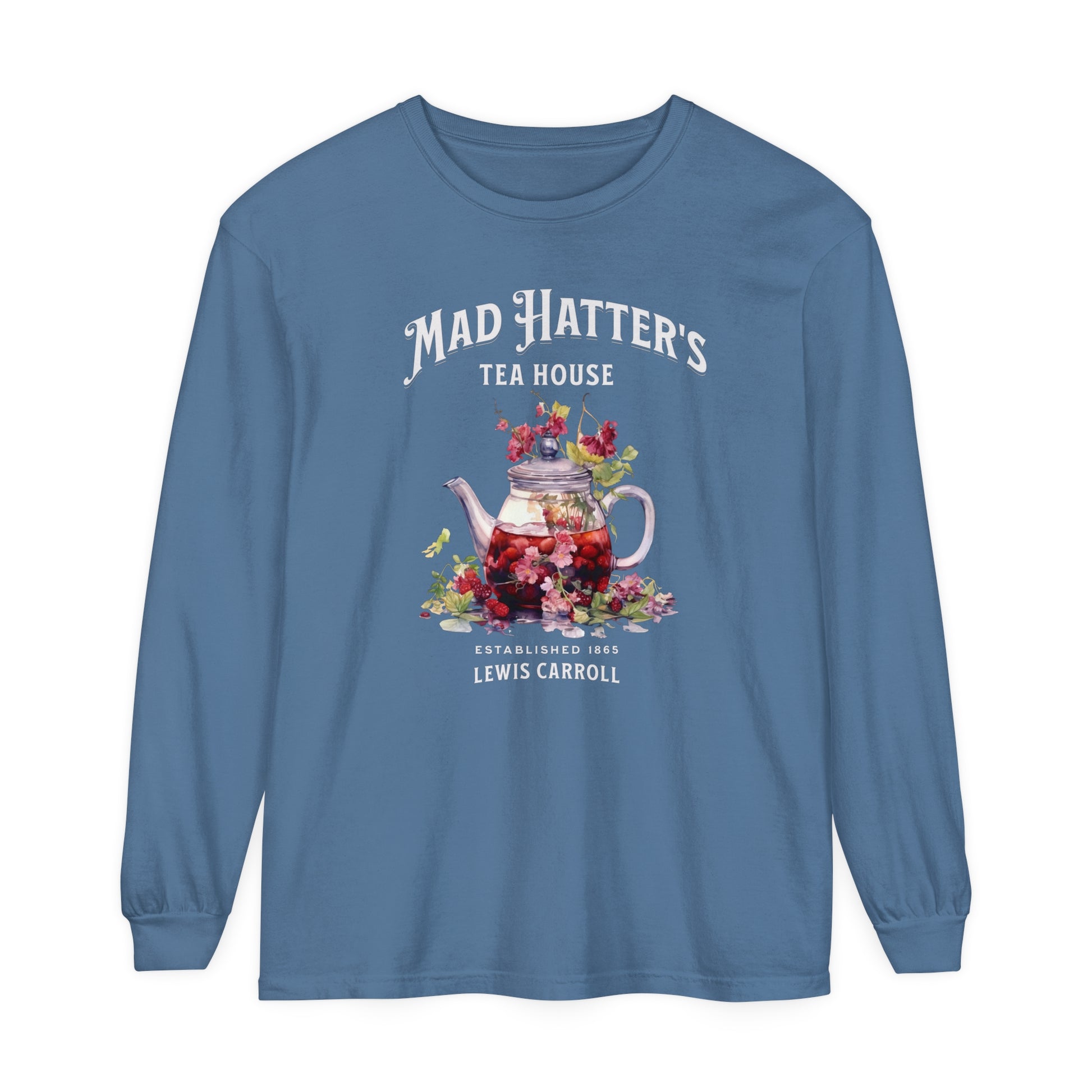 Mad Hatter's Tea Long Sleeve Shirt Alice In Wonderland Lewis Carroll Whimsigoth Academia TShirt Mad Hatter Tea Party Tee Bookish Booktok Long-sleeve Printify Blue Jean S