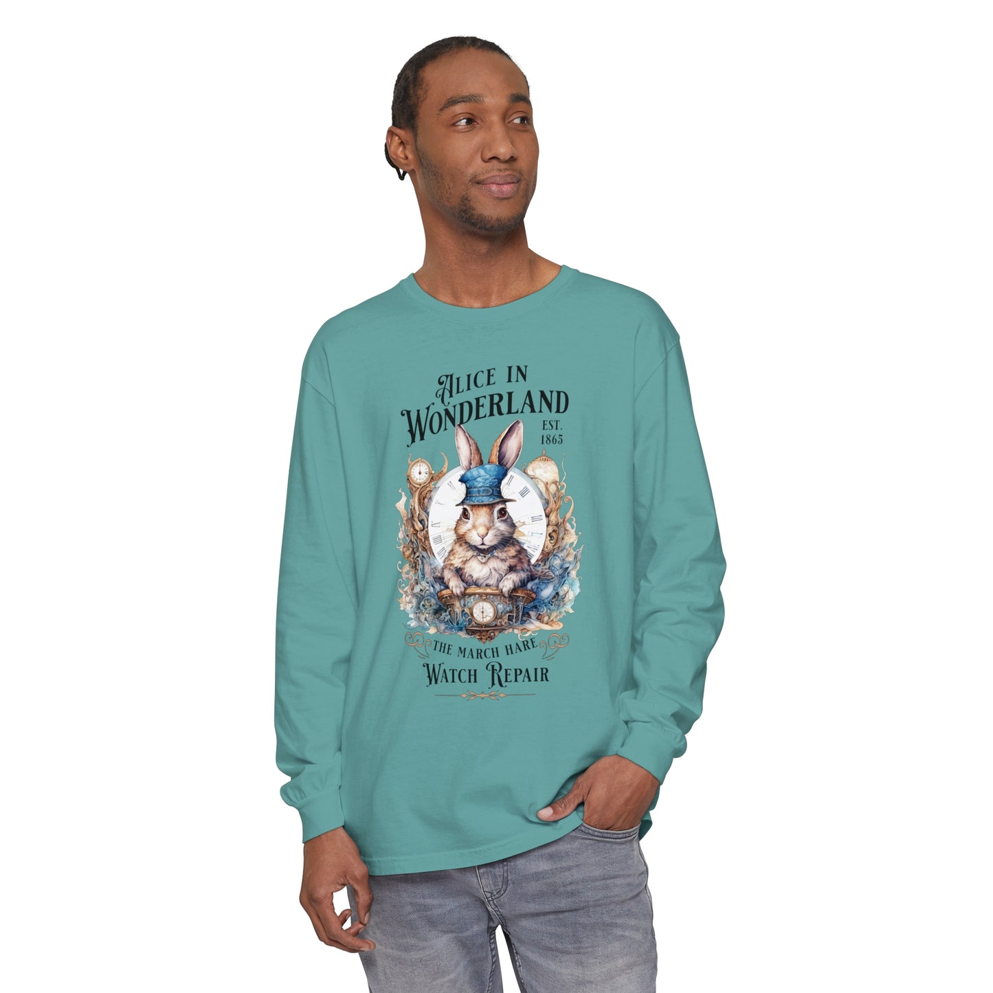 Alice in Wonderland Long Sleeve Shirt, Lewis Carroll Dark Academia TShirt, Mad Hatter Tea Party March Hare White Rabbit Bookish Booktok Gift Long-sleeve Printify