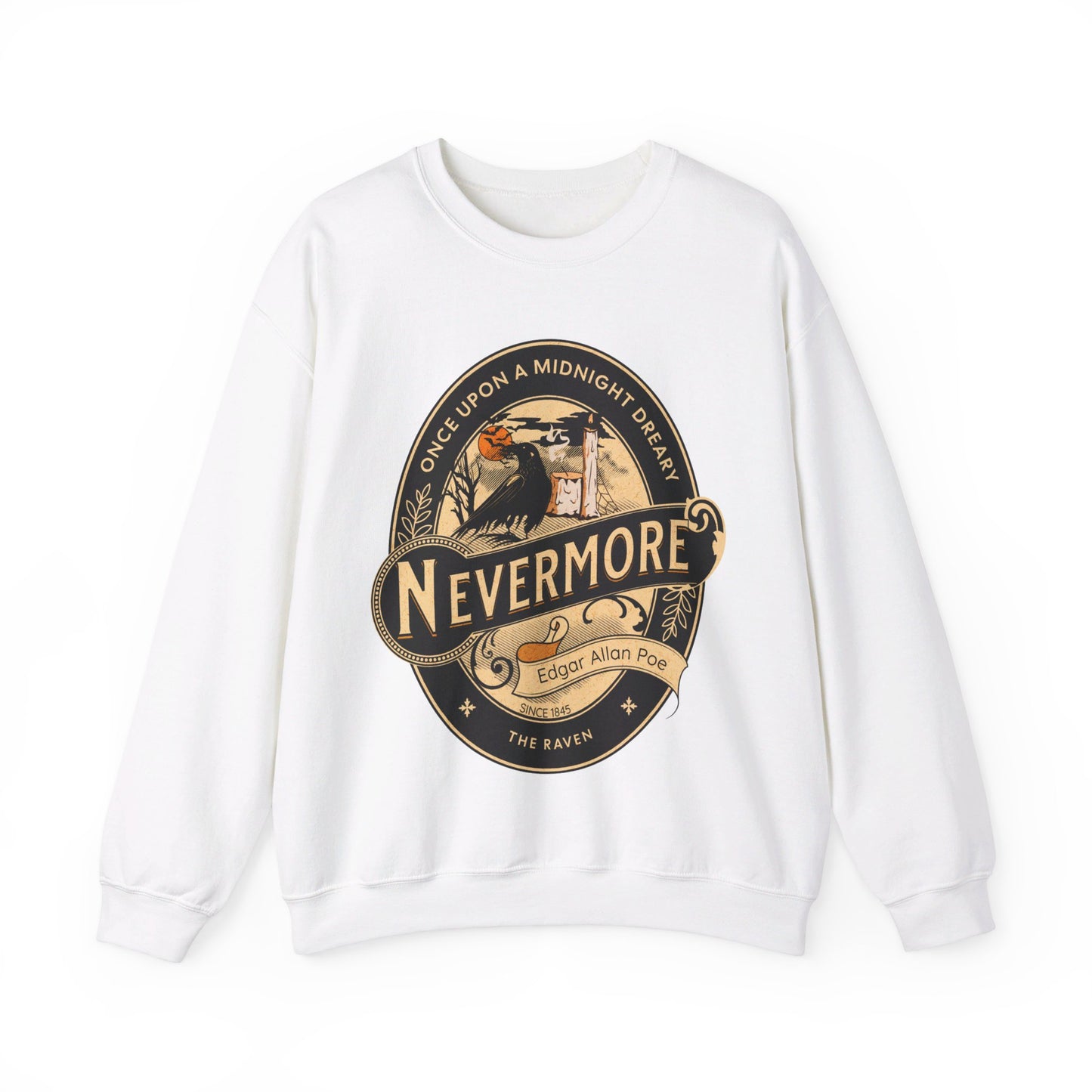 Edgar Allan Poe, Nevermore The Raven Sweatshirt, Book Lover, Halloween, Haunting Gothic Gift, Light, Dark Academia, Horror Movie Sweater Sweatshirt Printify S White