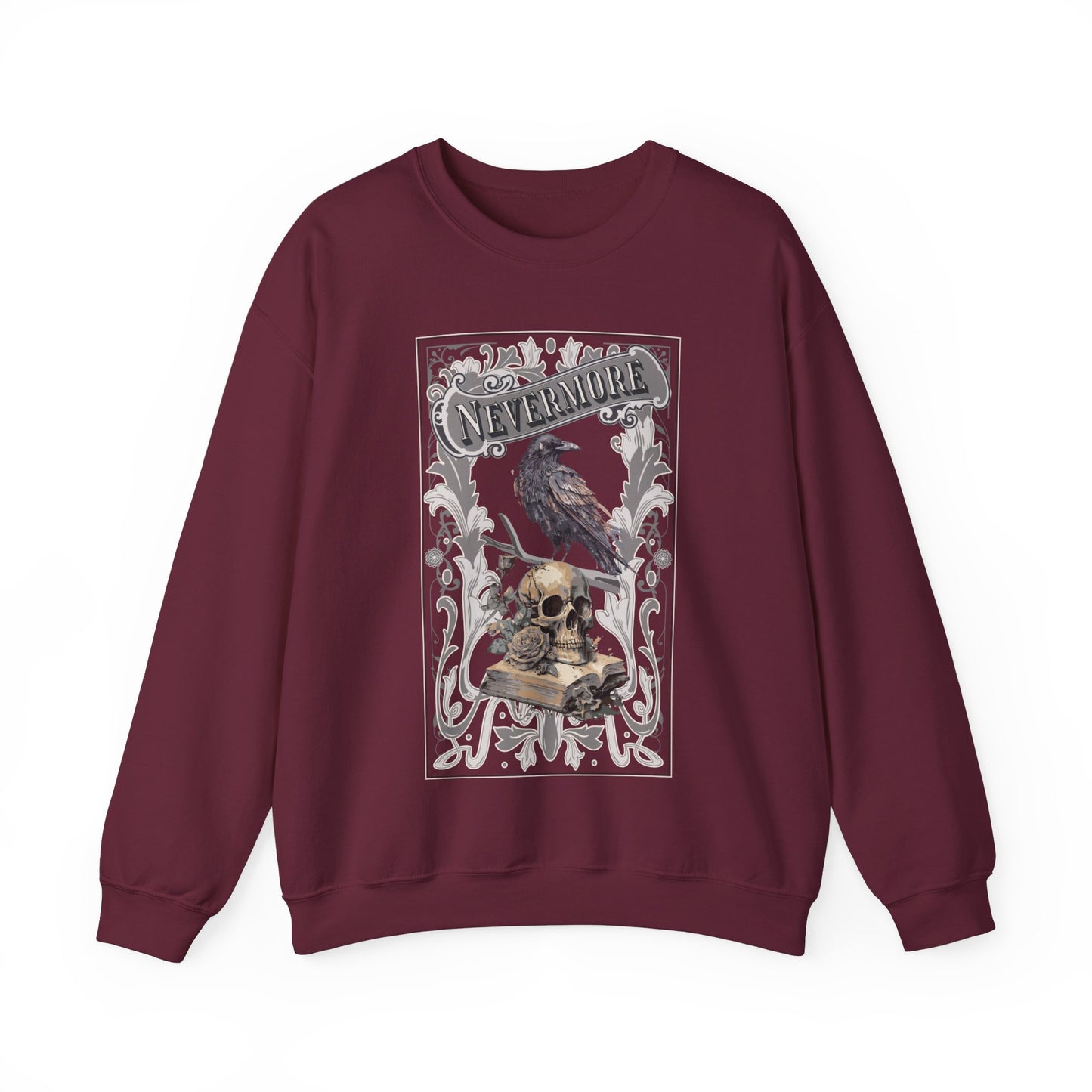 Edgar Allan Poe, Nevermore The Raven Sweatshirt, Book Lover, Halloween, Haunting Gothic Gift, Light, Dark Academia, Horror Movie Sweater Sweatshirt Printify S Maroon