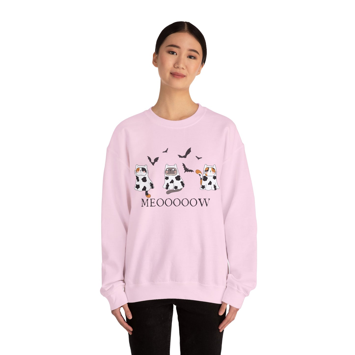 Cute Halloween Cow Ghost Cats Sweatshirt, Cats in Cow Ghost Costumes, Spooky Season Sweater, Halloween Party Shirt, Cat Lover Gift Sweatshirt Printify
