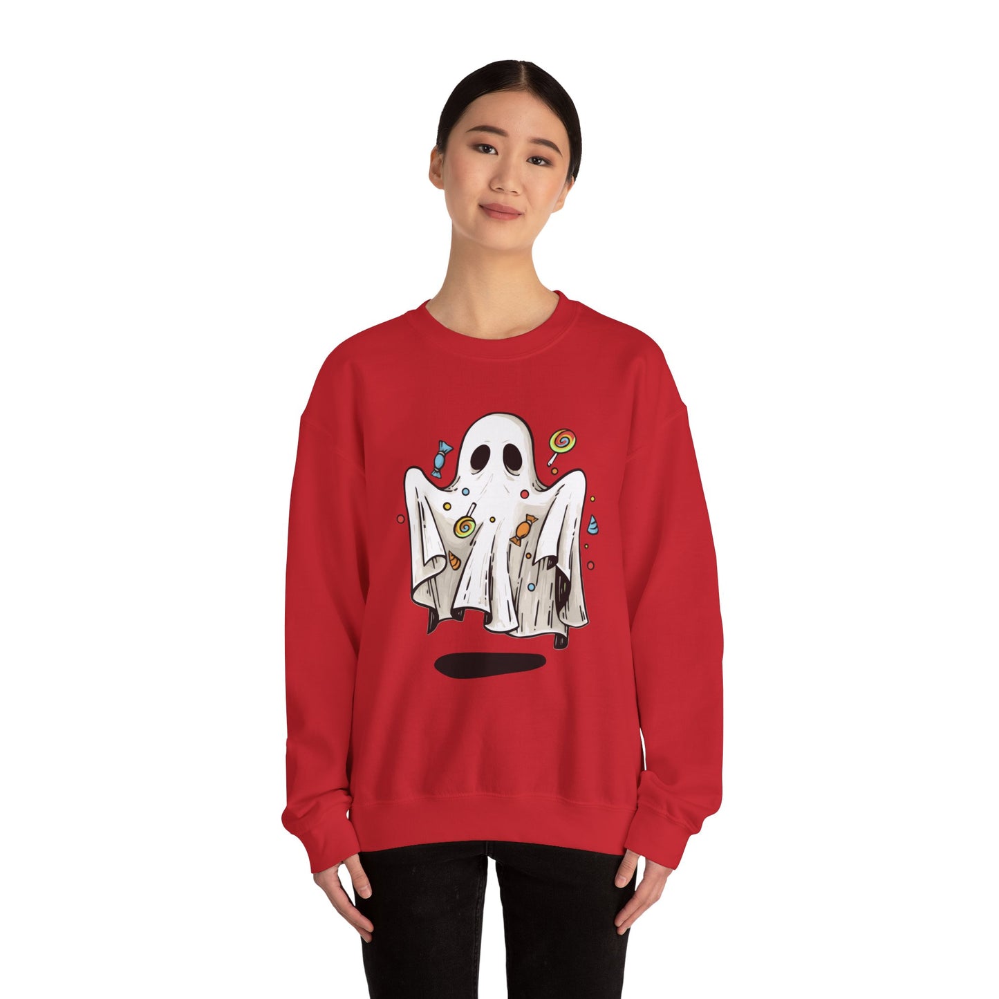 Cute Halloween Ghost Floating, Covered in Candy Sweatshirt, Trick or Treat Shirt, Spooky Ghost Season, Fun Halloween Party, Festival Sweater Sweatshirt Printify