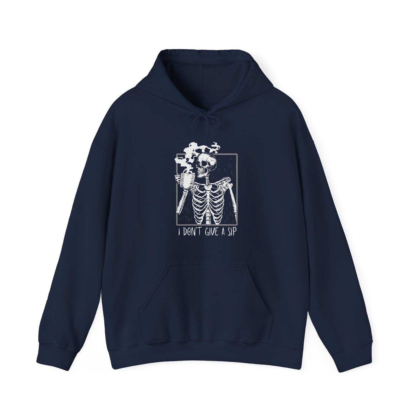 Halloween Skeleton Hoodie, Funny Coffee Drinking Skeleton, Spooky Season Sweater, Trick or Treating Shirt, Warm Halloween Party Hoodie Hoodie Printify Navy S
