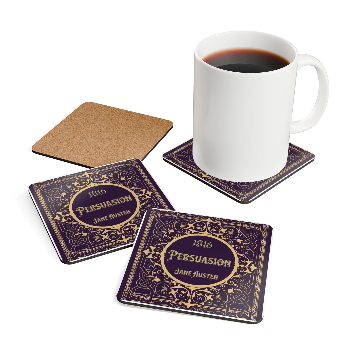 Jane Austen Coffee Mug Coasters, Persuasion Historical Romance Home Decor, Bookish Bookclub Literary Set of 4 Fan Art Gifts For Her Home Decor Printify