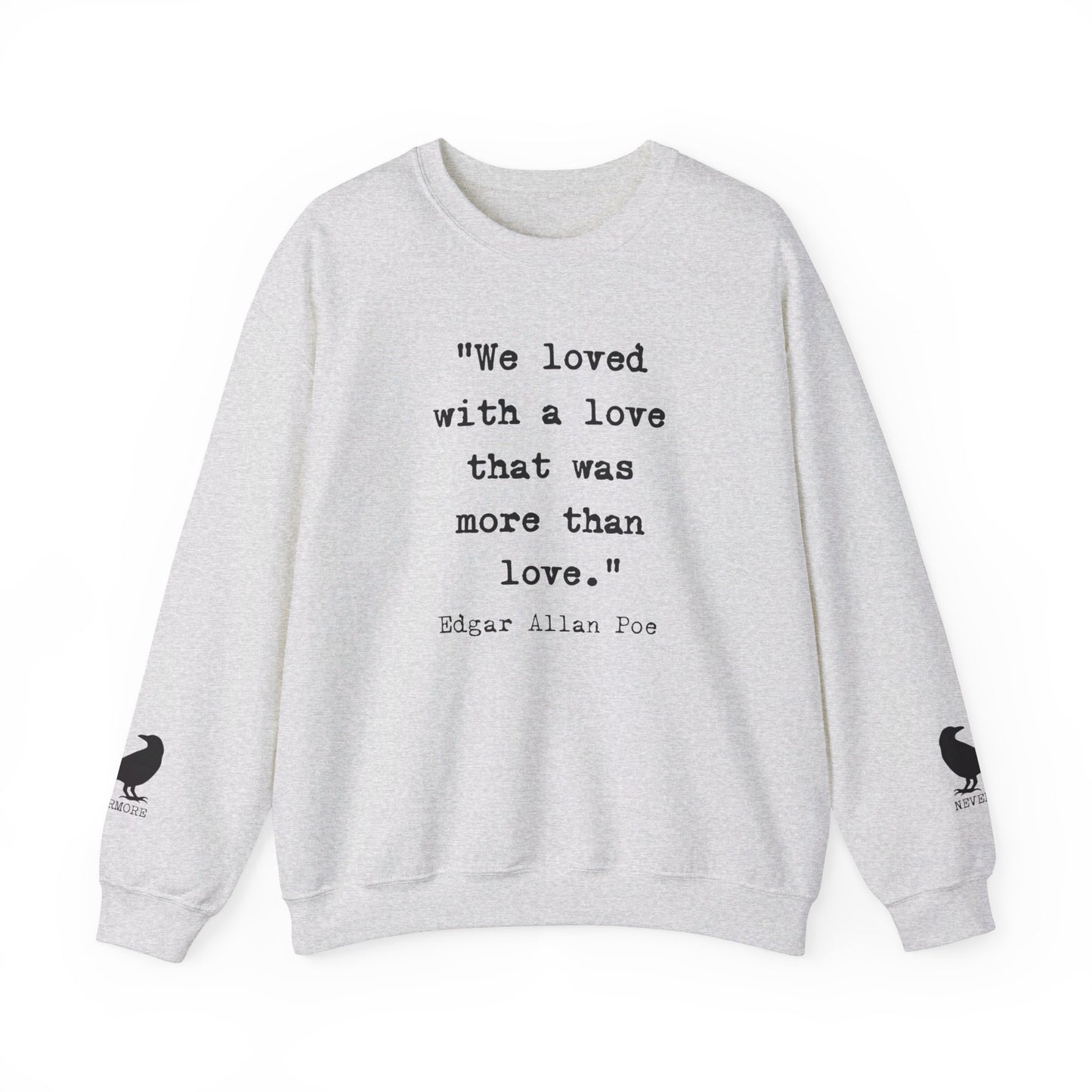Edgar Allan Poe Sleeve Print Vintage Raven Poem Sweatshirt, Poetry Book Lover Sweater, Haunting Gothic Gift, Light, Dark Academia, Nevermore Sweatshirt Printify S Ash