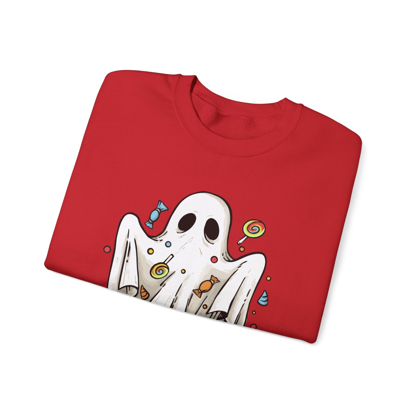 Cute Halloween Ghost Floating, Covered in Candy Sweatshirt, Trick or Treat Shirt, Spooky Ghost Season, Fun Halloween Party, Festival Sweater Sweatshirt Printify