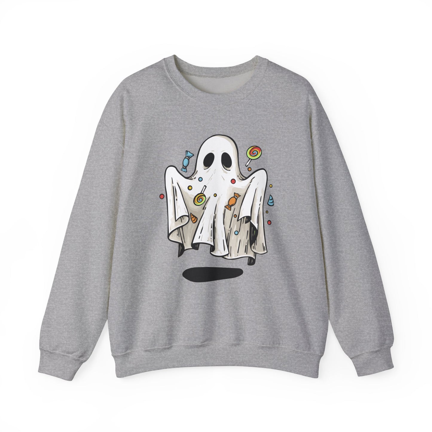 Cute Halloween Ghost Floating, Covered in Candy Sweatshirt, Trick or Treat Shirt, Spooky Ghost Season, Fun Halloween Party, Festival Sweater Sweatshirt Printify S Sport Grey