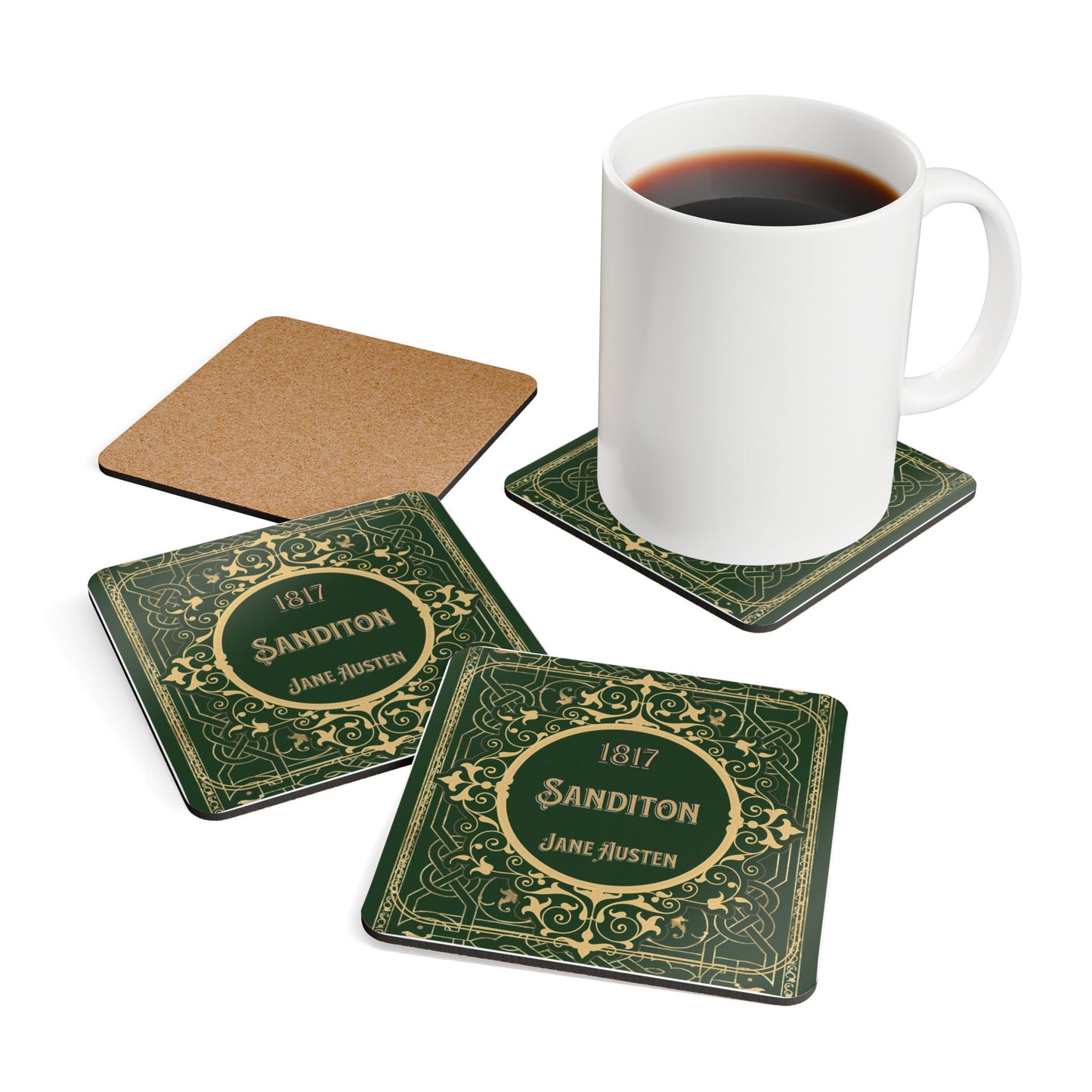Jane Austen Coffee Mug Coasters, Sanditon Historical Romance Home Decor Bookish Bookclub Literary Set of 4 Fan Art Gifts Home Decor Printify