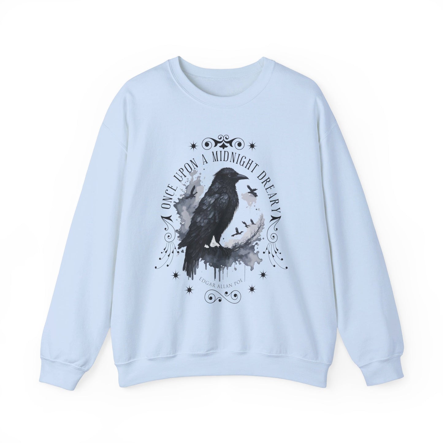 Edgar Allan Poe, The Raven Sweatshirt, Poet, Poetry Lover Sweater, Book Lover, Haunting Gothic Gift, Light, Dark Academia, Horror Movie Top Sweatshirt Printify S Light Blue