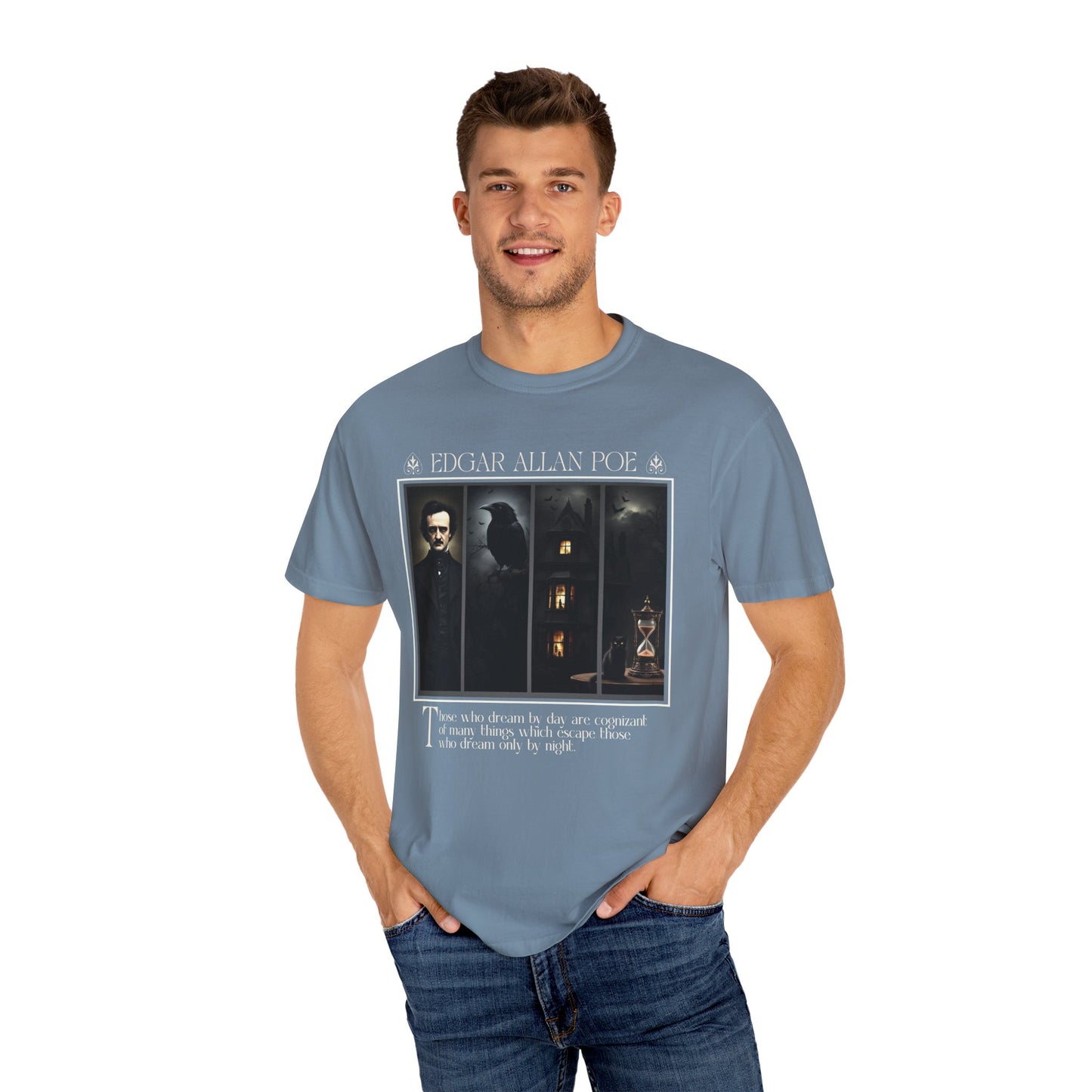 Edgar Allan Poe T-Shirt Gothic Graphic Tee The Raven Nevermore Quote Horror Literature Shirt Dark Academia Aesthetic Halloween Party Gift