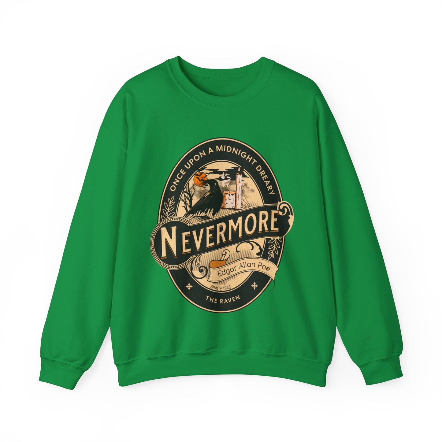 Edgar Allan Poe, Nevermore The Raven Sweatshirt, Book Lover, Halloween, Haunting Gothic Gift, Light, Dark Academia, Horror Movie Sweater Sweatshirt Printify S Irish Green