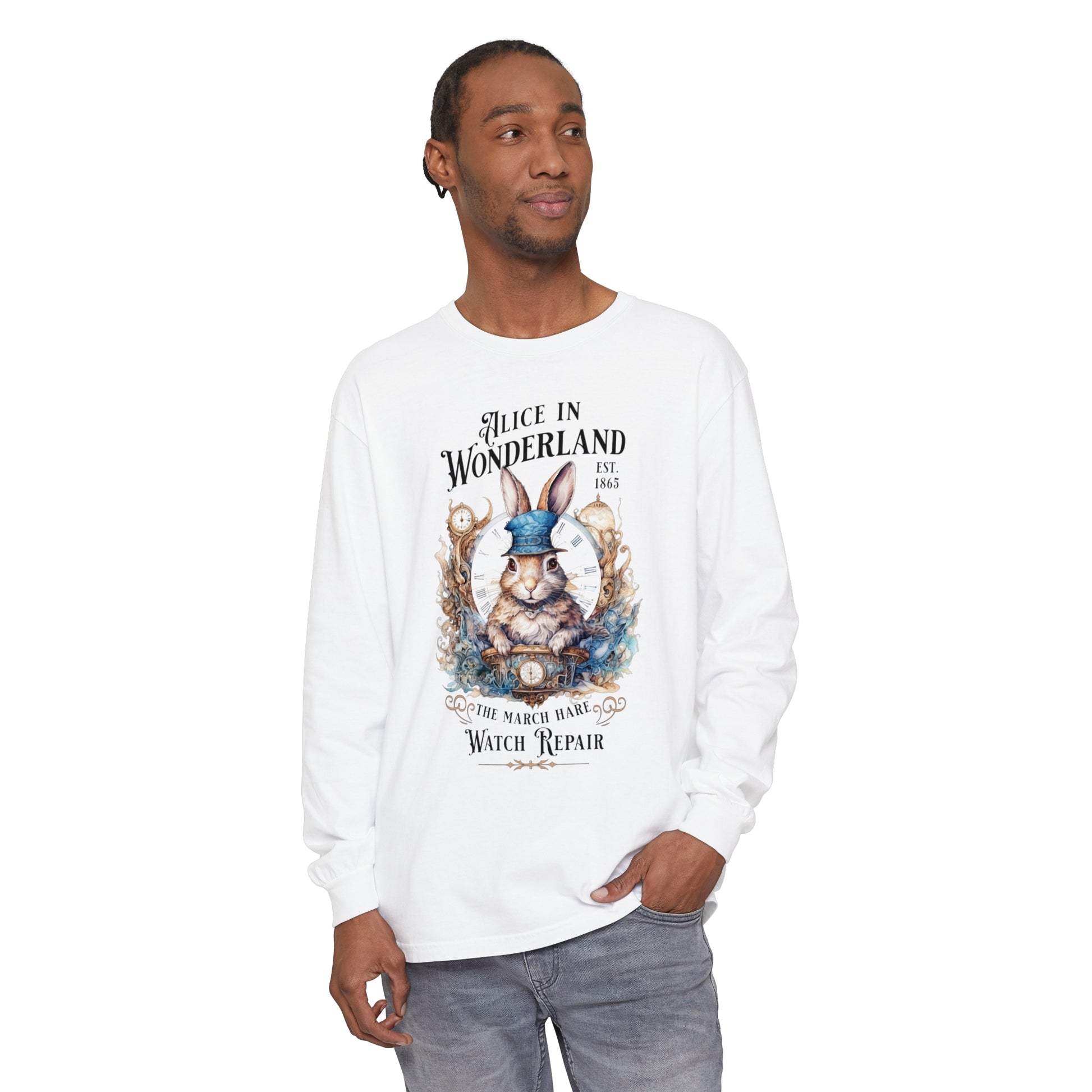 Alice in Wonderland Long Sleeve Shirt, Lewis Carroll Dark Academia TShirt, Mad Hatter Tea Party March Hare White Rabbit Bookish Booktok Gift Long-sleeve Printify