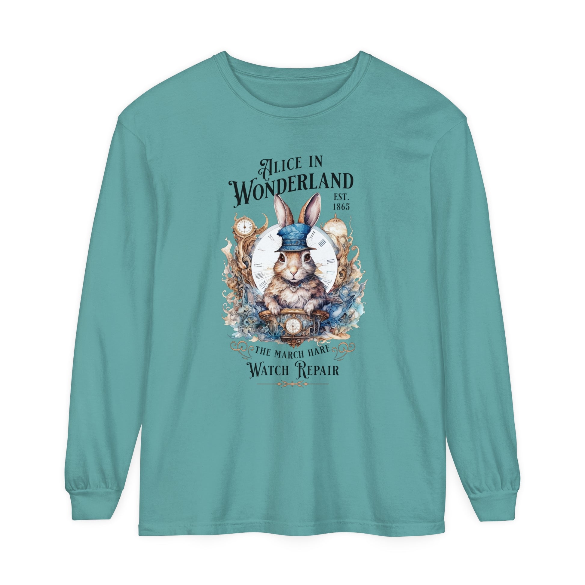 Alice in Wonderland Long Sleeve Shirt, Lewis Carroll Dark Academia TShirt, Mad Hatter Tea Party March Hare White Rabbit Bookish Booktok Gift Long-sleeve Printify Seafoam S