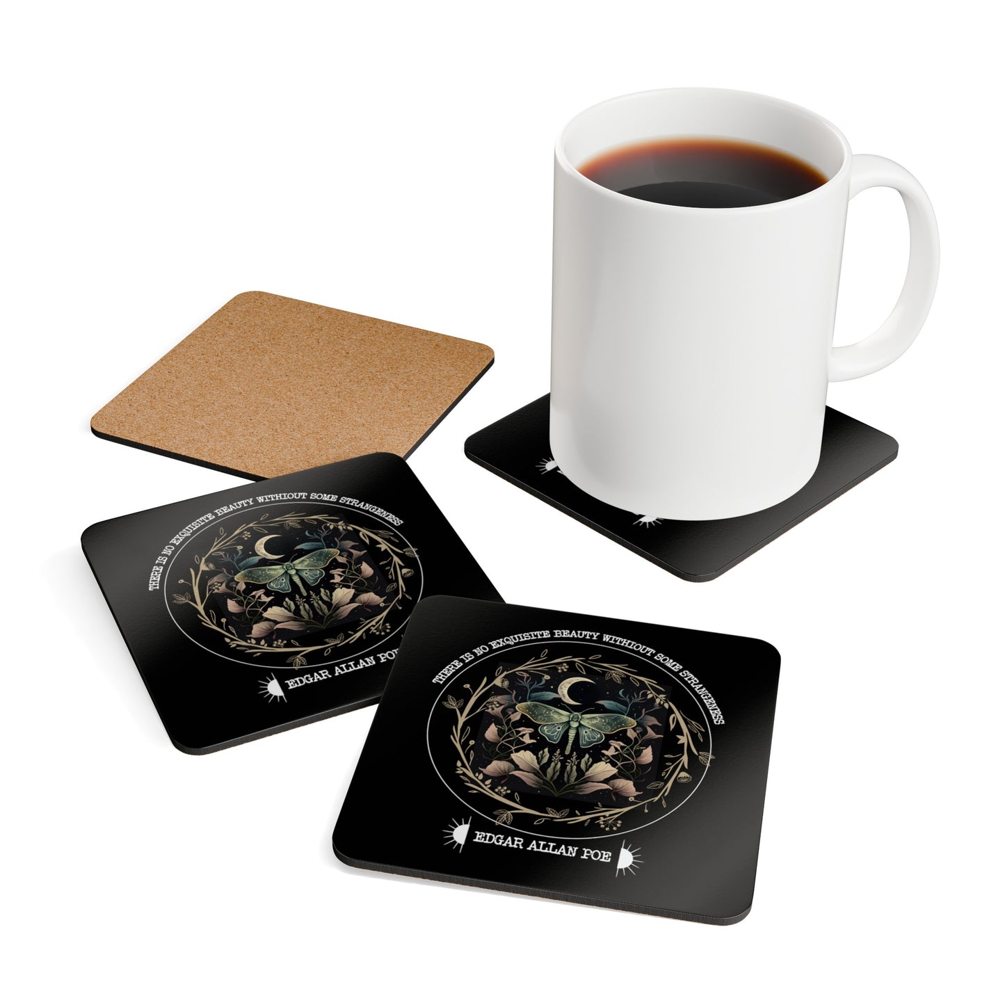 Edgar Allan Poe Coffee Mug Coaster, Fairycore Night Garden, Book Lover, Gothic Botanical Housewarming, Light, Dark Academia, Literary Gift Home Decor Printify