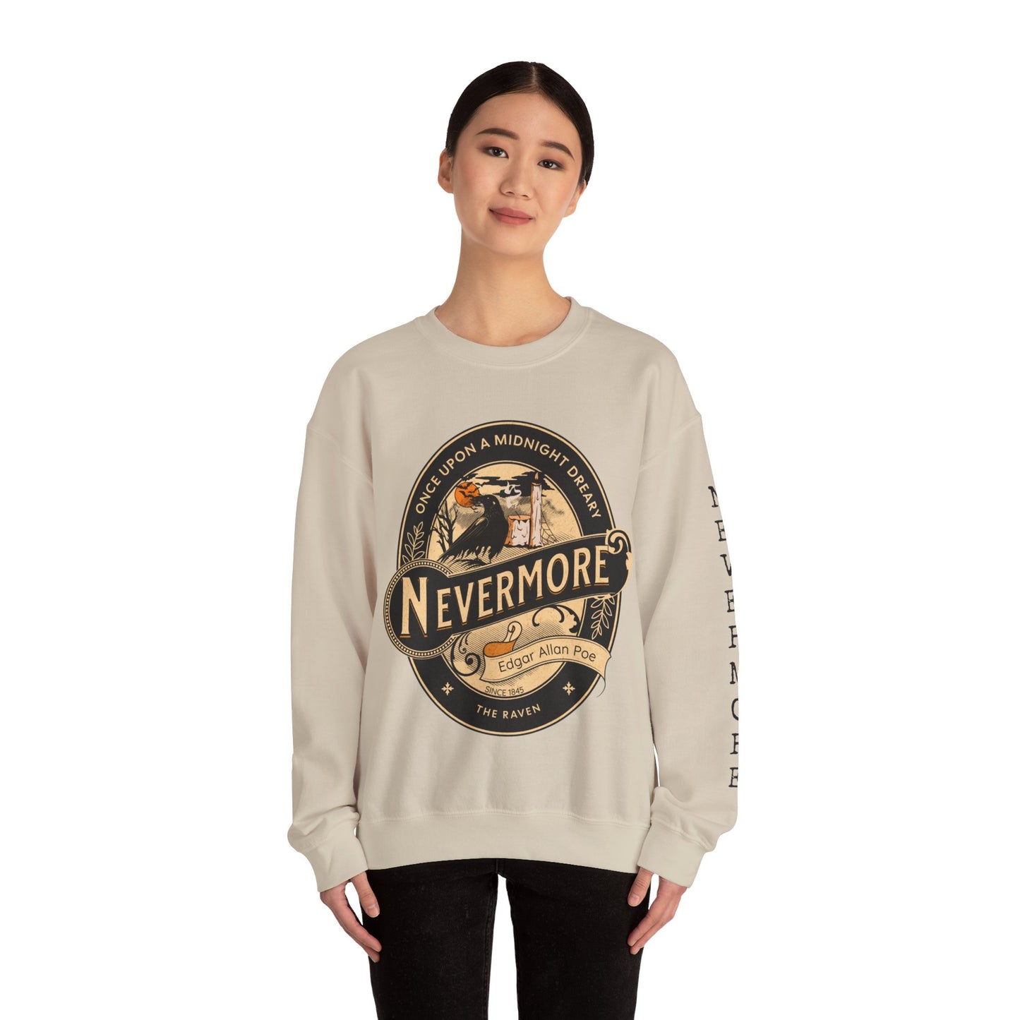 Edgar Allan Poe, Sleeve Print Nevermore The Raven Sweatshirt, Book Lover, Halloween, Haunting Gothic Gift, Light, Dark Academia, Horror Movie Sweater Sweatshirt Printify