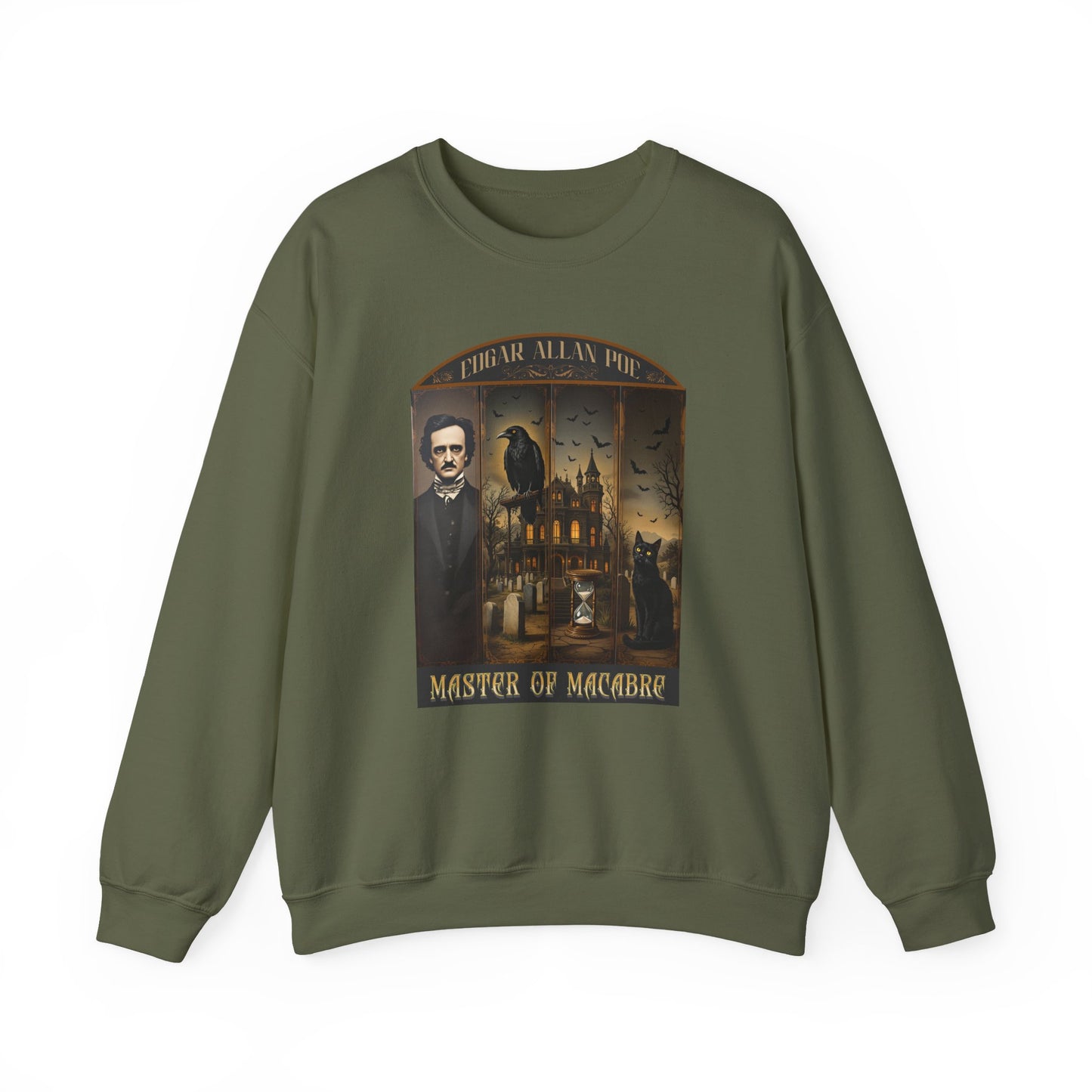 Edgar Allan Poe Sweatshirt The Raven Nevermore Gothic Horror Sweater Dark Academia Macabre Halloween Gift for Book Lovers Birthday Christmas Sweatshirt Printify Military Green S
