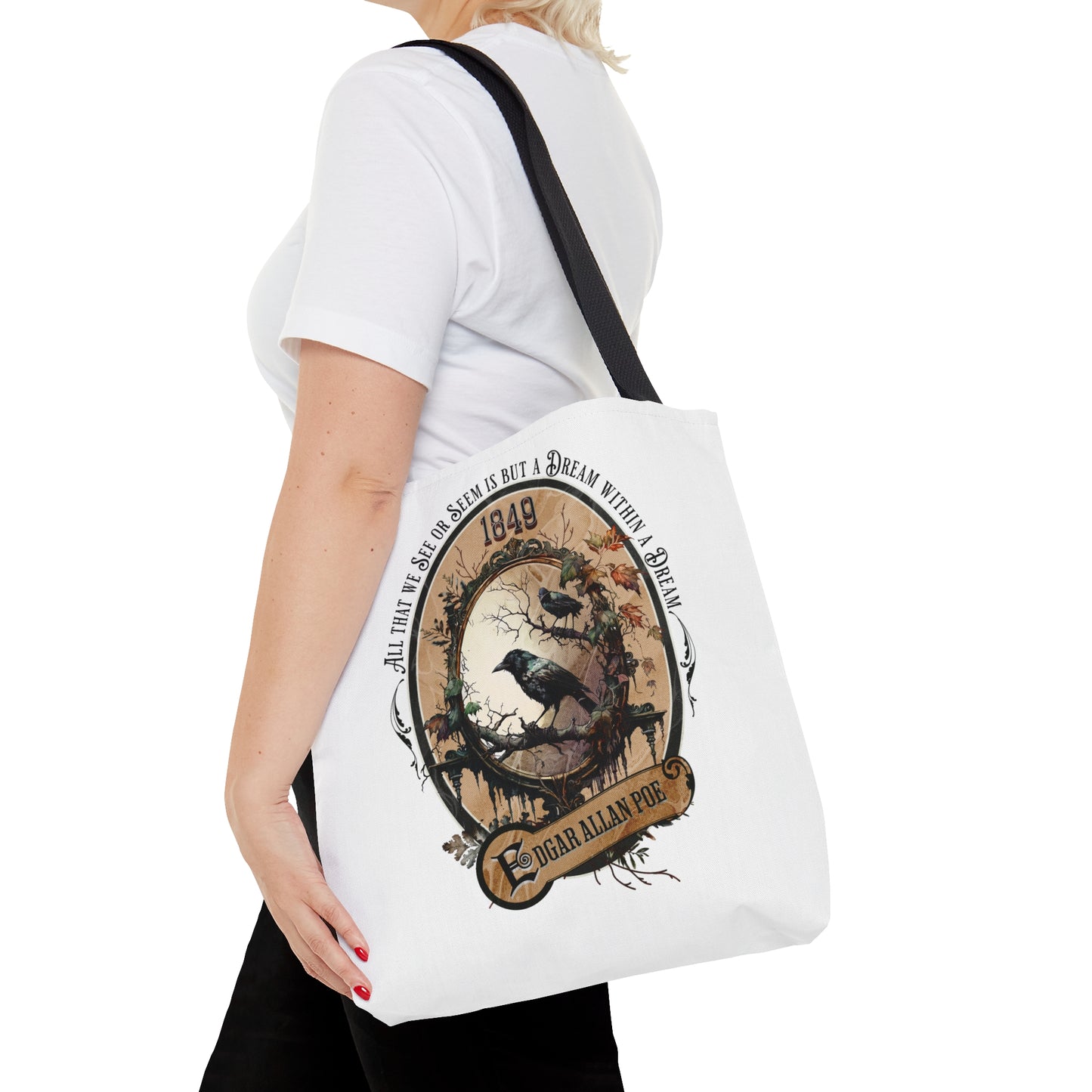 Edgar Allan Poe Tote Bag, Dream Within A Dream Vintage Poetry Lover Shoulder Bag, Dark Academia, Literary, Bookish, Bookclub Gift, Fall Gift Bags Printify
