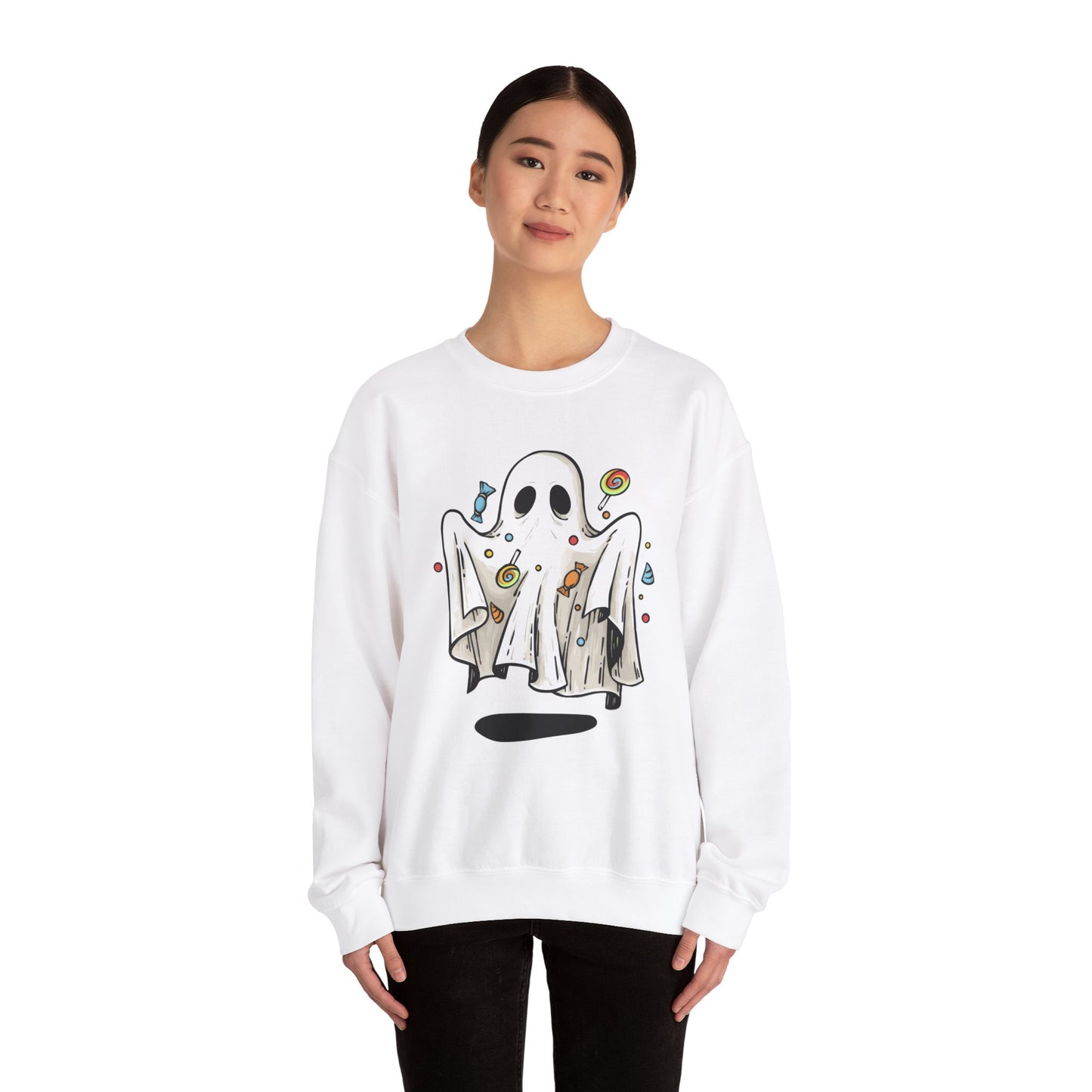 Cute Halloween Ghost Floating, Covered in Candy Sweatshirt, Trick or Treat Shirt, Spooky Ghost Season, Fun Halloween Party, Festival Sweater Sweatshirt Printify