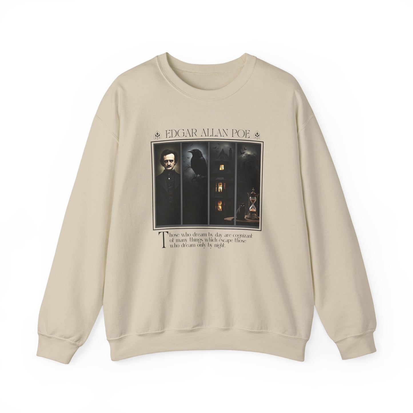 Edgar Allan Poe Sweatshirt The Raven Nevermore Gothic Horror Sweater Dark Academia Macabre Halloween Gift for Book Lovers Birthday Christmas Sweatshirt Printify Sand S
