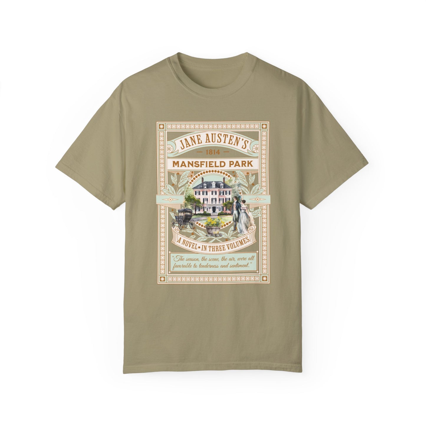 Jane Austen T- Shirt, Mansfield Park Historical Romance Comfort Colors Tee, Bookish Literary Jane Austen Fan Art Gift for Her Bookclub Shirt T-Shirt Printify Khaki S