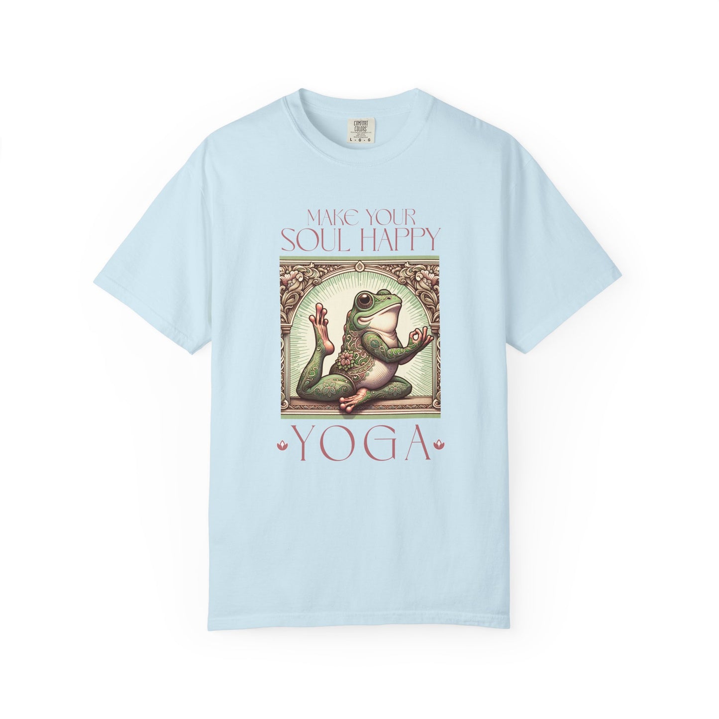 Yoga Frog Make Your Soul Happy Pink Unisex T-Shirt, Casual Wear, Highlander Fan Gift, Comfortable Graphic Tee T-Shirt Printify Chambray S