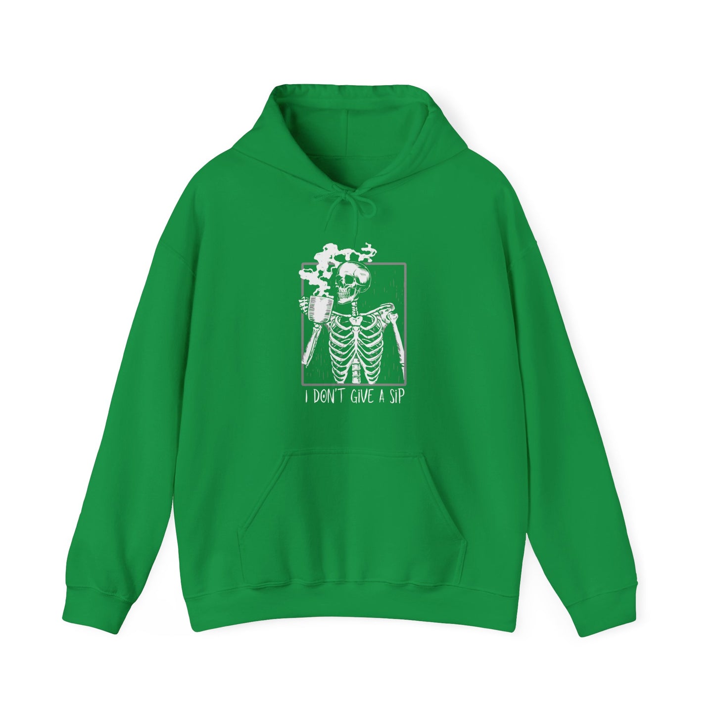 Halloween Skeleton Hoodie, Funny Coffee Drinking Skeleton, Spooky Season Sweater, Trick or Treating Shirt, Warm Halloween Party Hoodie Hoodie Printify Irish Green S