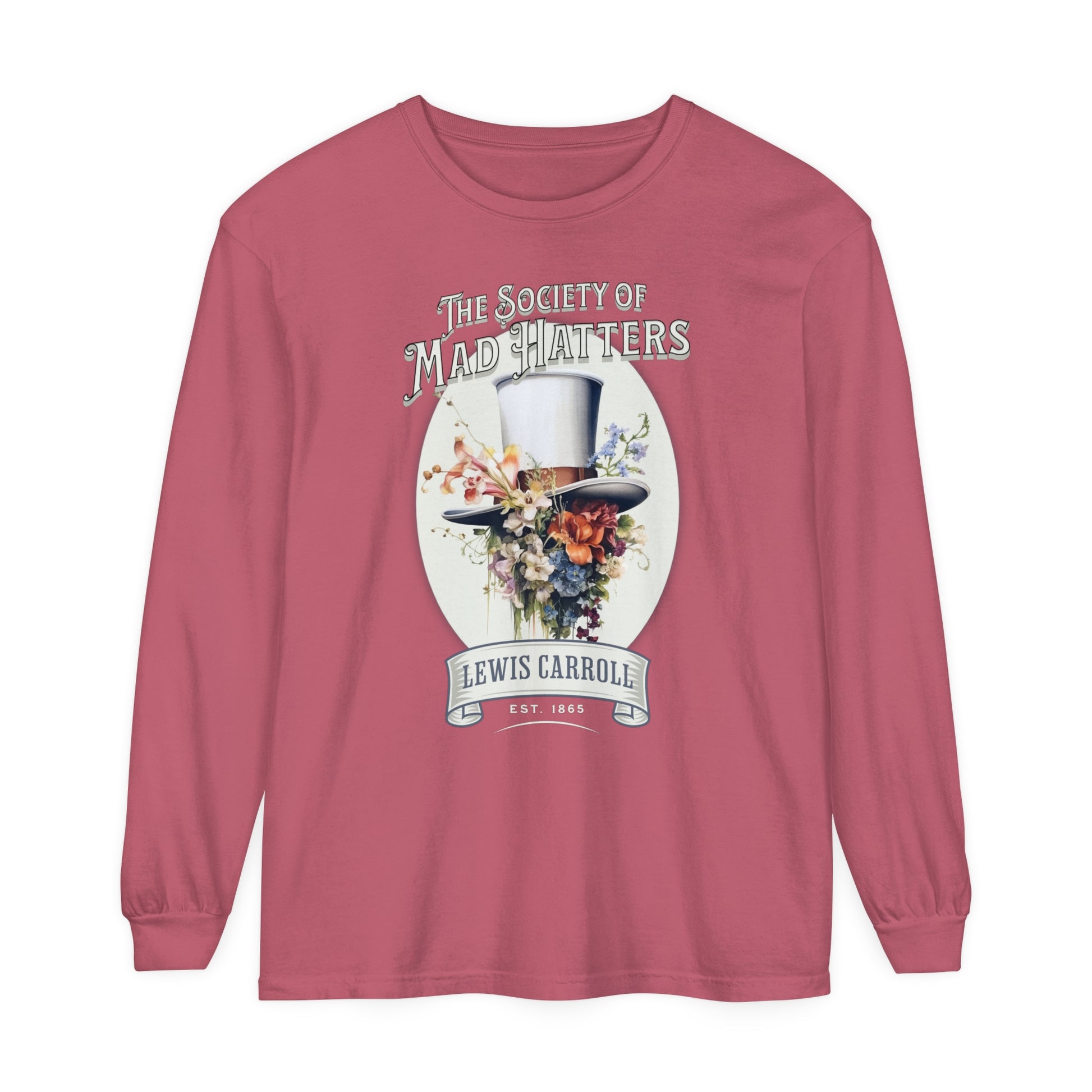 Alice in Wonderland Long Sleeve Shirt, Vintage Lewis Carroll The Mad Hatter TShirt, Tea Party, Queen of Hearts Bookish Booktok Academia Gift Long-sleeve Printify Crimson S
