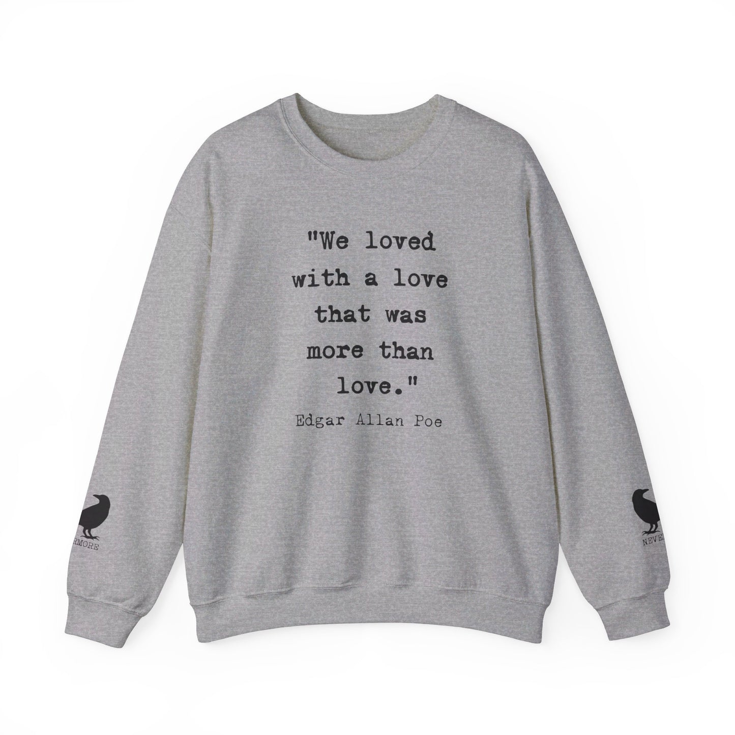 Edgar Allan Poe Sleeve Print Vintage Raven Poem Sweatshirt, Poetry Book Lover Sweater, Haunting Gothic Gift, Light, Dark Academia, Nevermore Sweatshirt Printify S Sport Grey