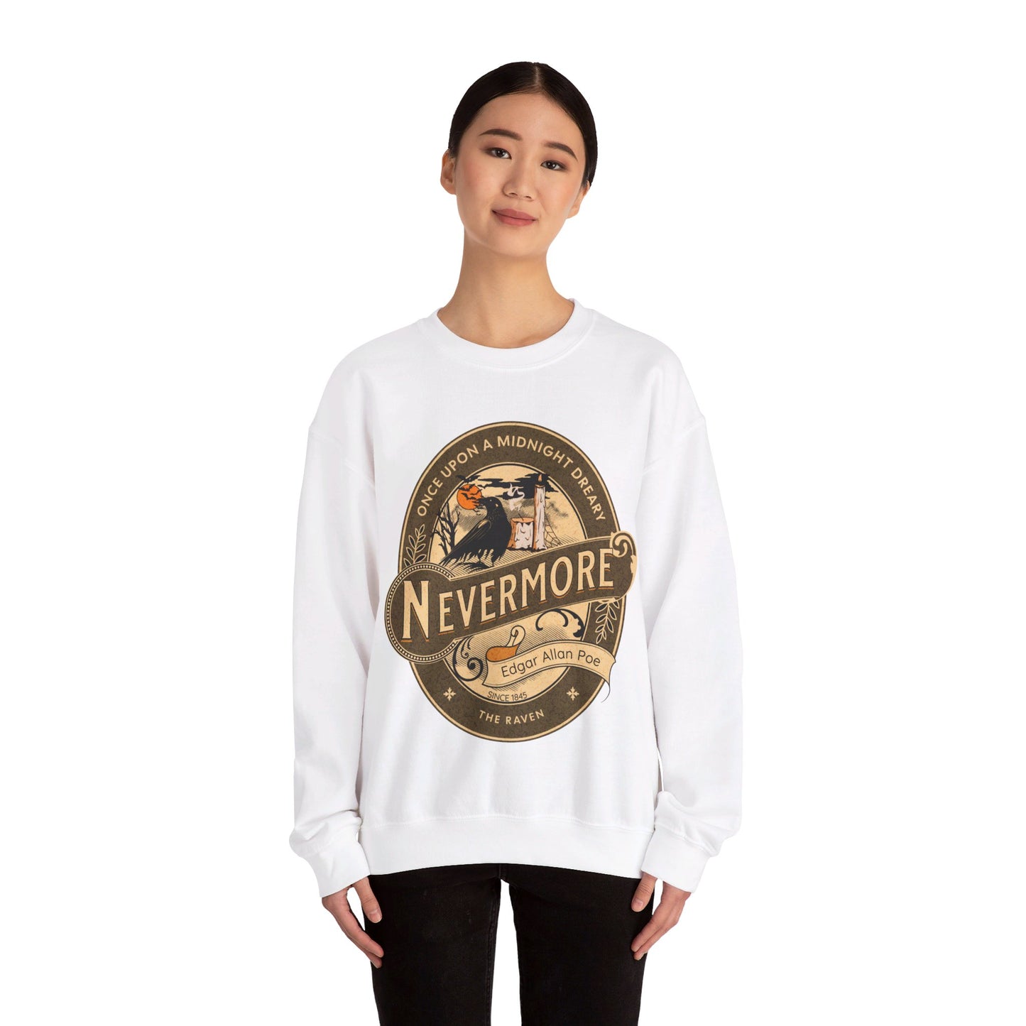 Edgar Allan Poe, Nevermore The Raven Sweatshirt, Book Lover, Halloween, Haunting Gothic Gift, Light, Dark Academia, Horror Movie Sweater Sweatshirt Printify