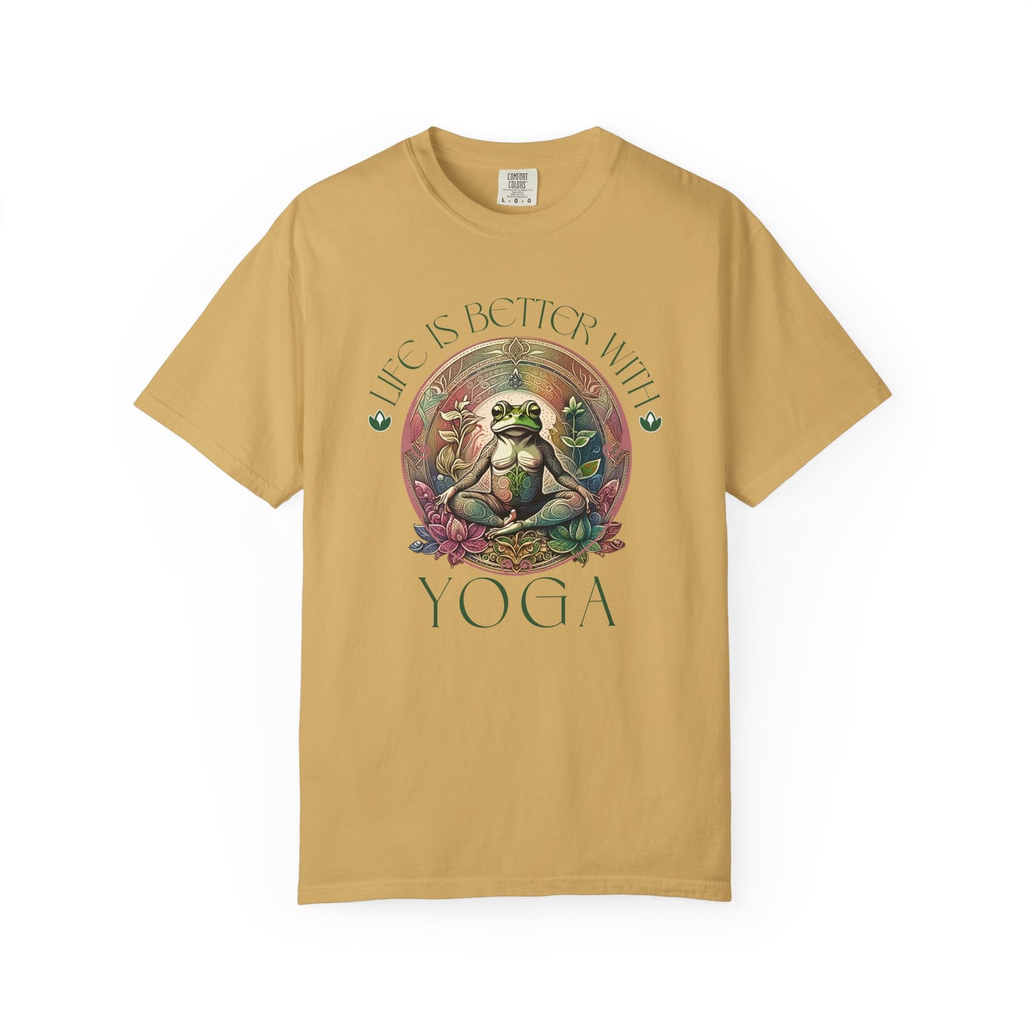 Green Yoga Frog Life Is Better With Yoga Unisex T-Shirt, Casual Wear, Highlander Fan Gift, T-Shirt Printify Mustard S