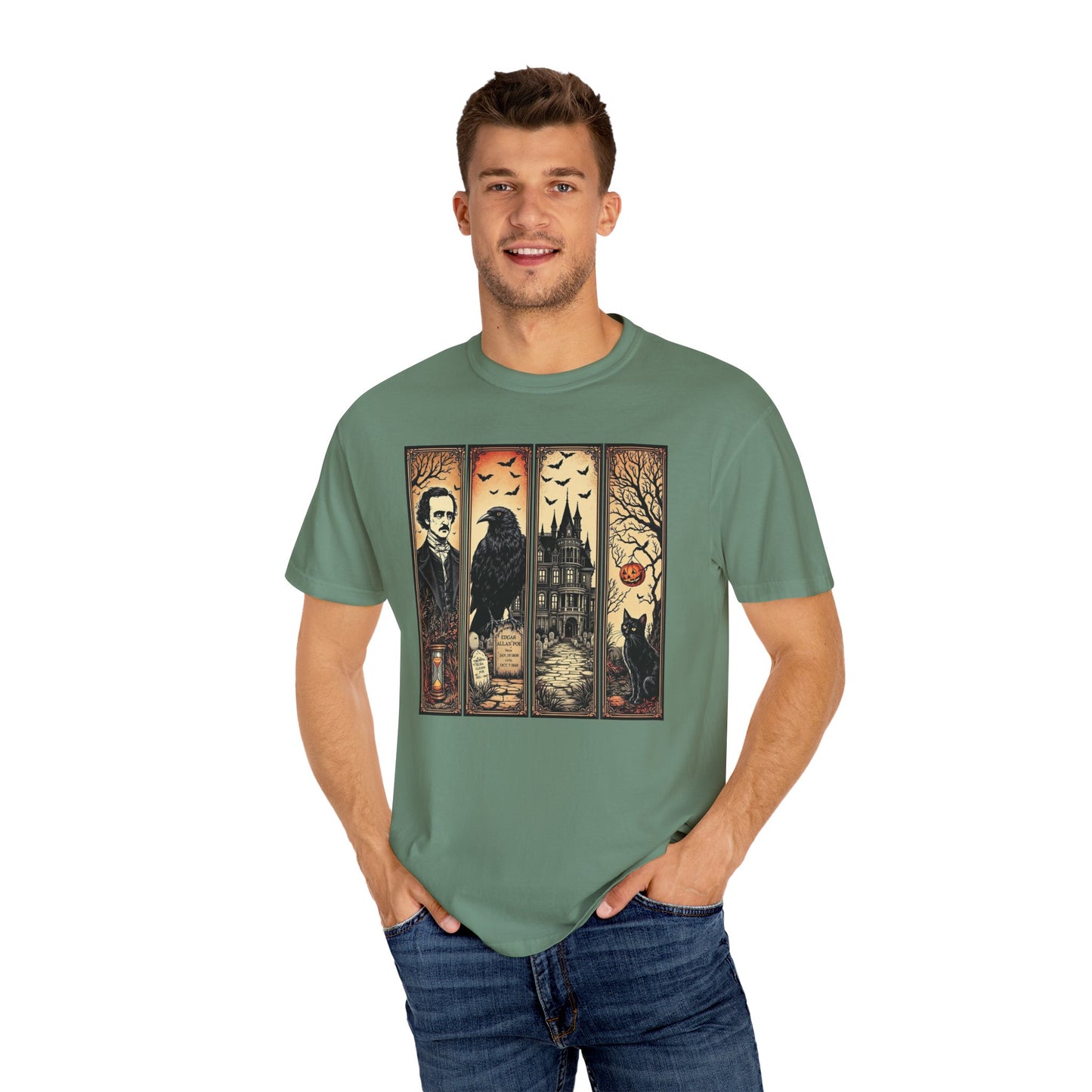 Edgar Allan Poe T-Shirt Gothic Graphic Tee The Raven Nevermore Quote Horror Literature Shirt Dark Academia Aesthetic Halloween Party Gift