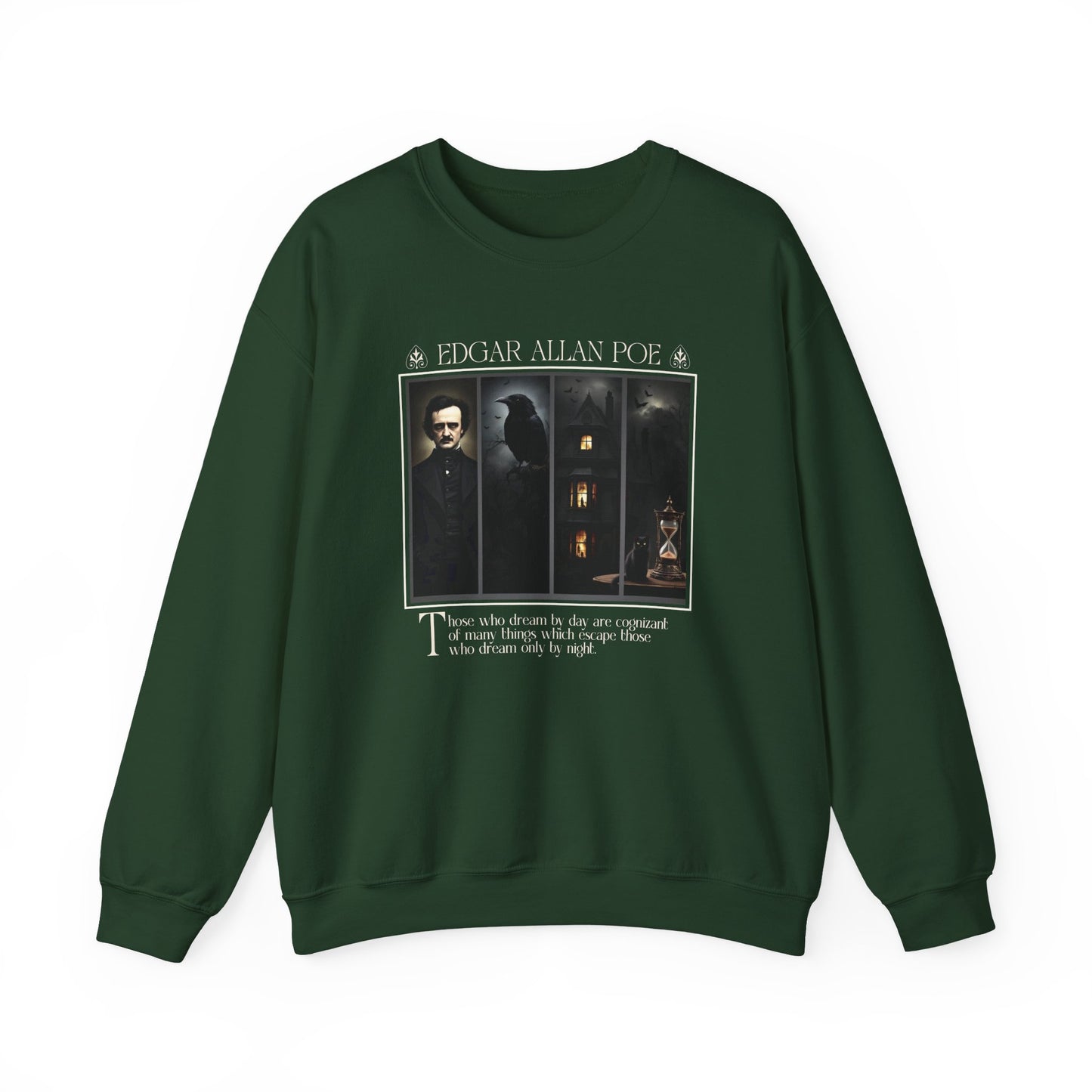 Edgar Allan Poe Sweatshirt The Raven Nevermore Gothic Horror Sweater Dark Academia Macabre Halloween Gift for Book Lovers Birthday Christmas Sweatshirt Printify Forest Green S