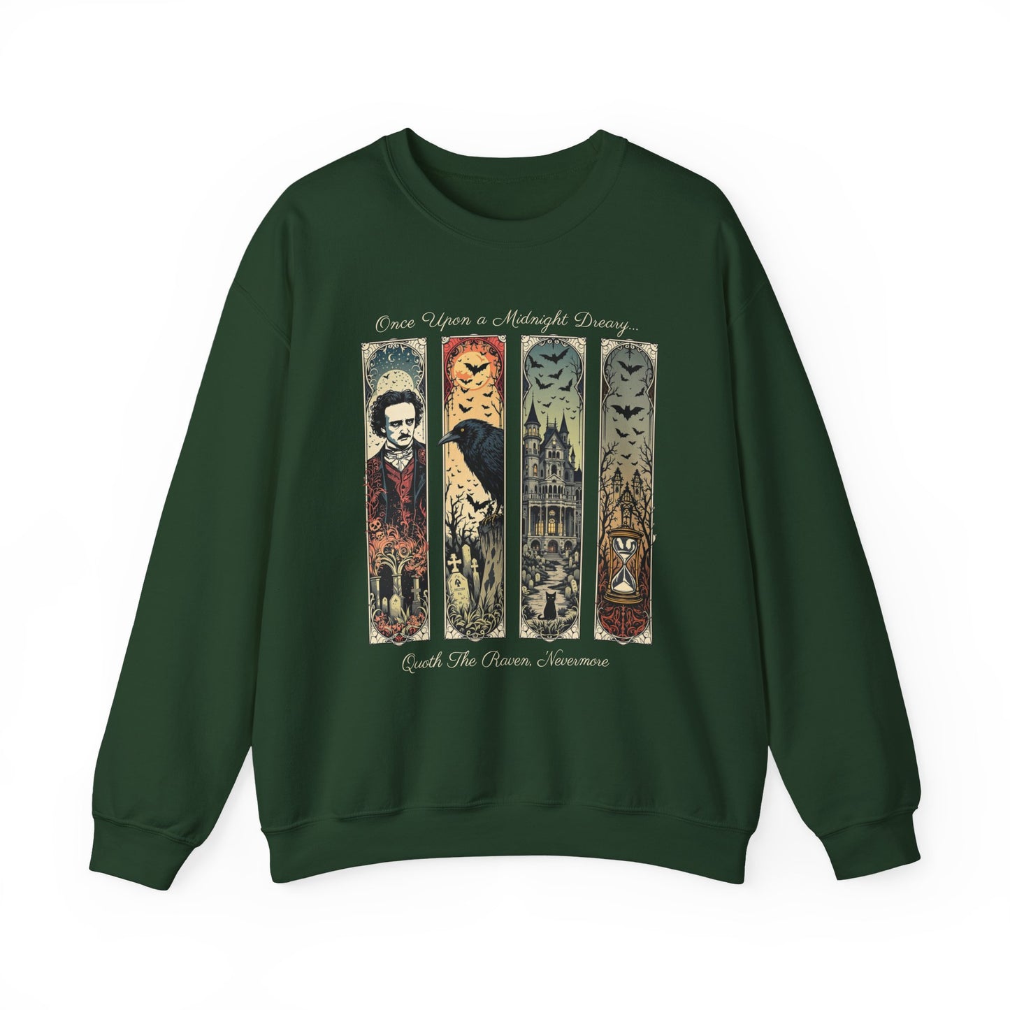 Edgar Allan Poe Sweatshirt The Raven Nevermore Gothic Horror Sweater Dark Academia Macabre Halloween Gift for Book Lovers Birthday Christmas Sweatshirt Printify Forest Green S