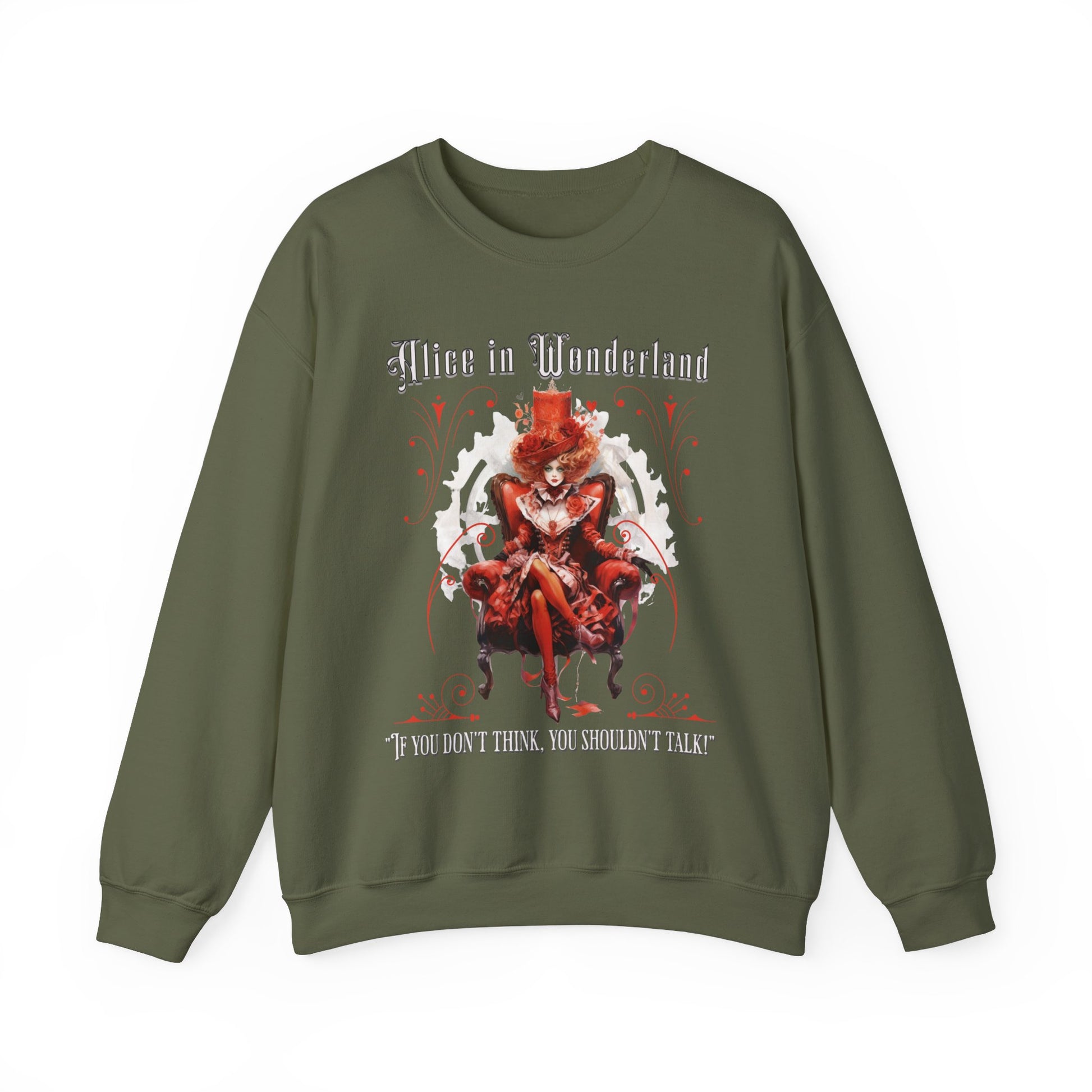 Queen of Hearts Sweatshirt, Alice In Wonderland Lewis Carroll Whimsigoth Academia Sweater Mad Hatter Tea Party Tee Bookish Booktok Gift Sweatshirt Printify S Military Green