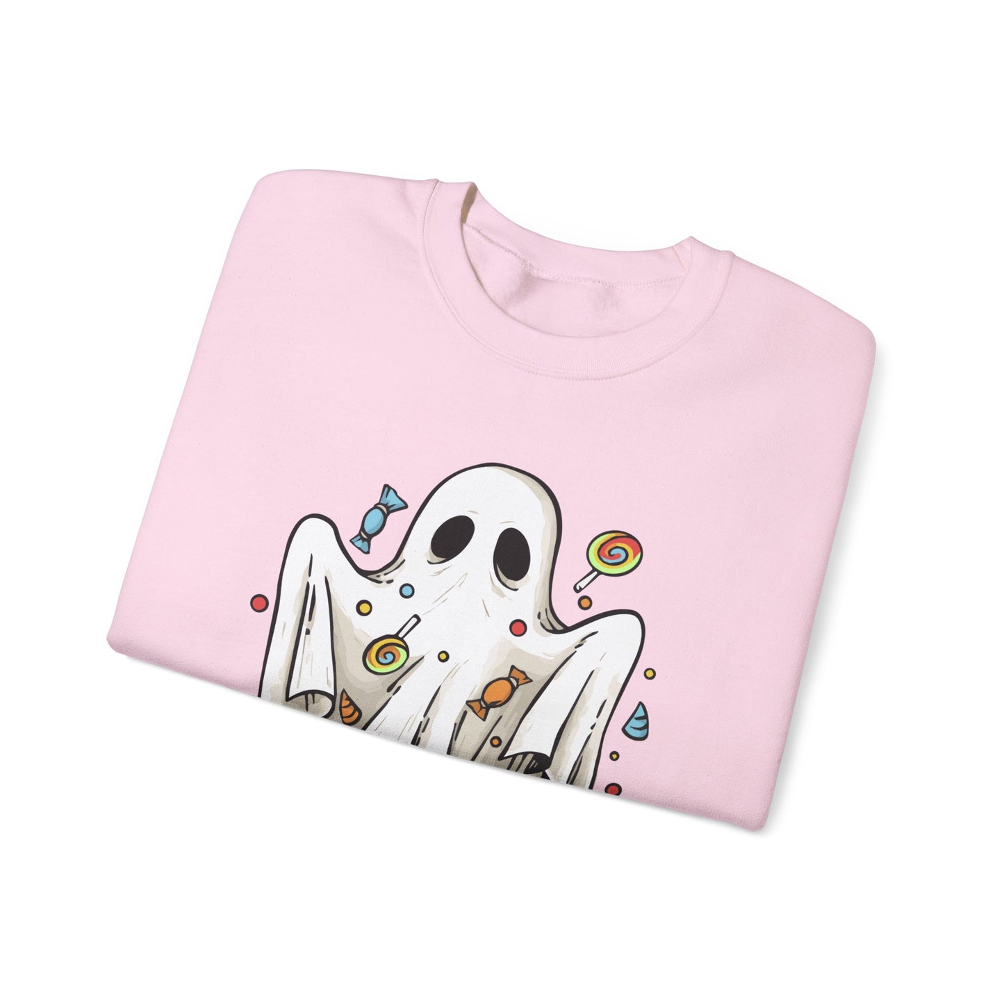 Cute Halloween Ghost Floating, Covered in Candy Sweatshirt, Trick or Treat Shirt, Spooky Ghost Season, Fun Halloween Party, Festival Sweater Sweatshirt Printify