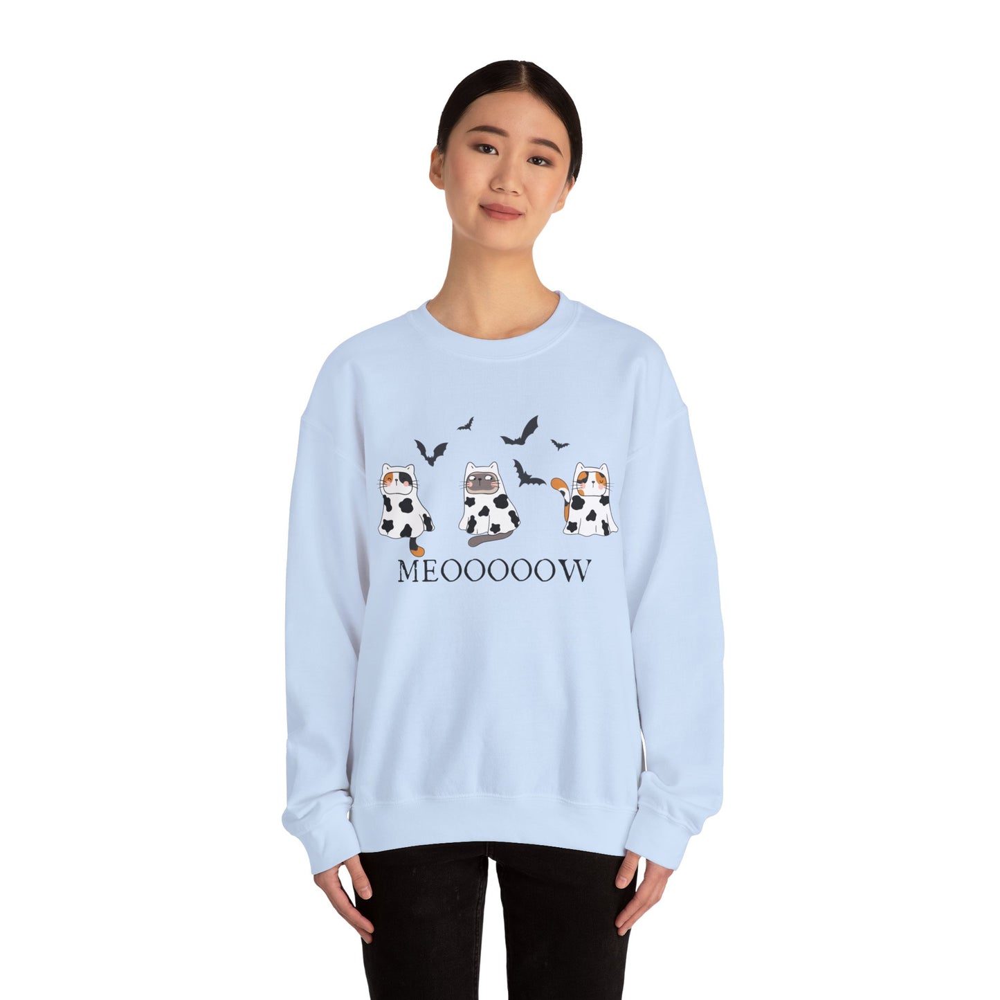 Cute Halloween Cow Ghost Cats Sweatshirt, Cats in Cow Ghost Costumes, Spooky Season Sweater, Halloween Party Shirt, Cat Lover Gift Sweatshirt Printify
