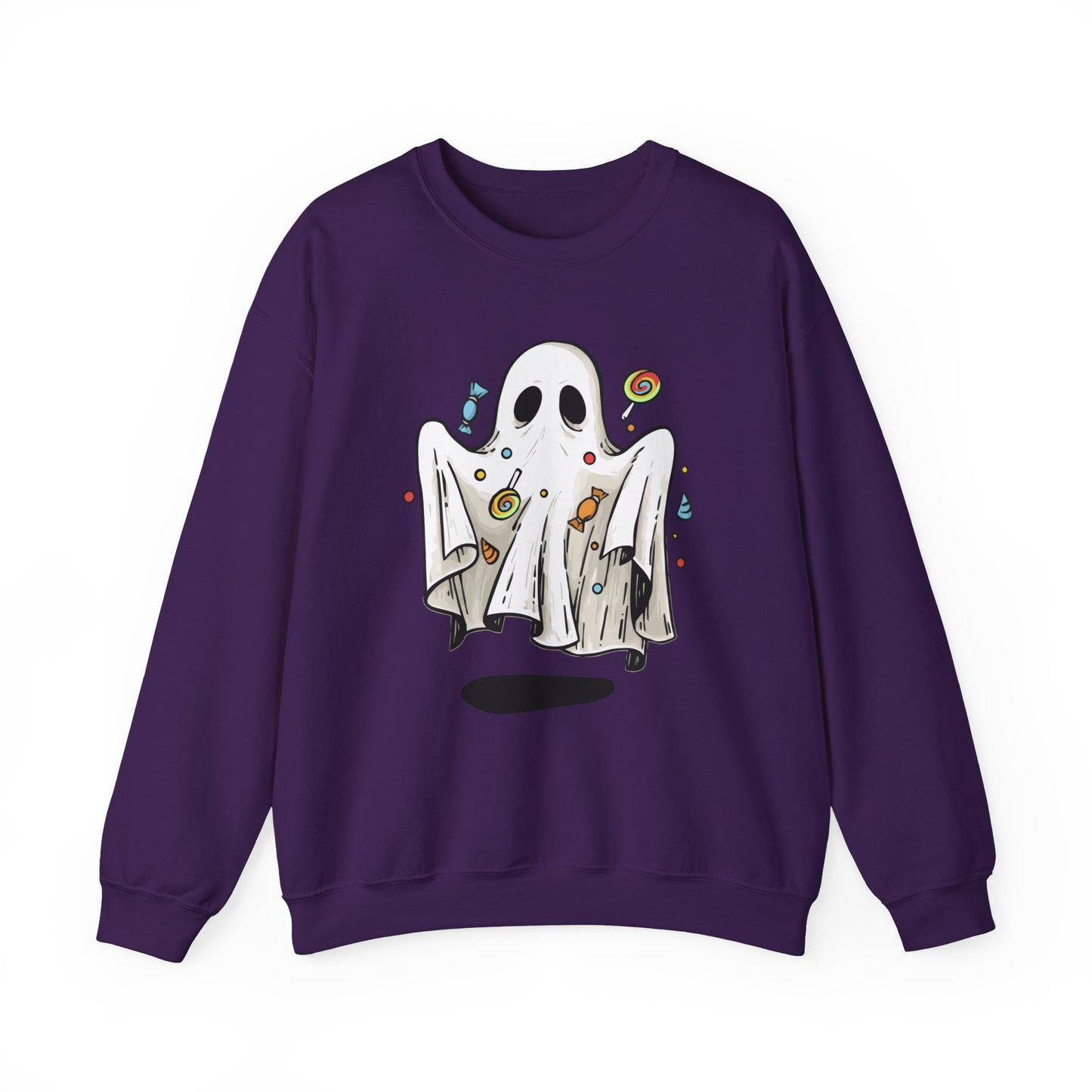 Cute Halloween Ghost Floating, Covered in Candy Sweatshirt, Trick or Treat Shirt, Spooky Ghost Season, Fun Halloween Party, Festival Sweater Sweatshirt Printify S Purple