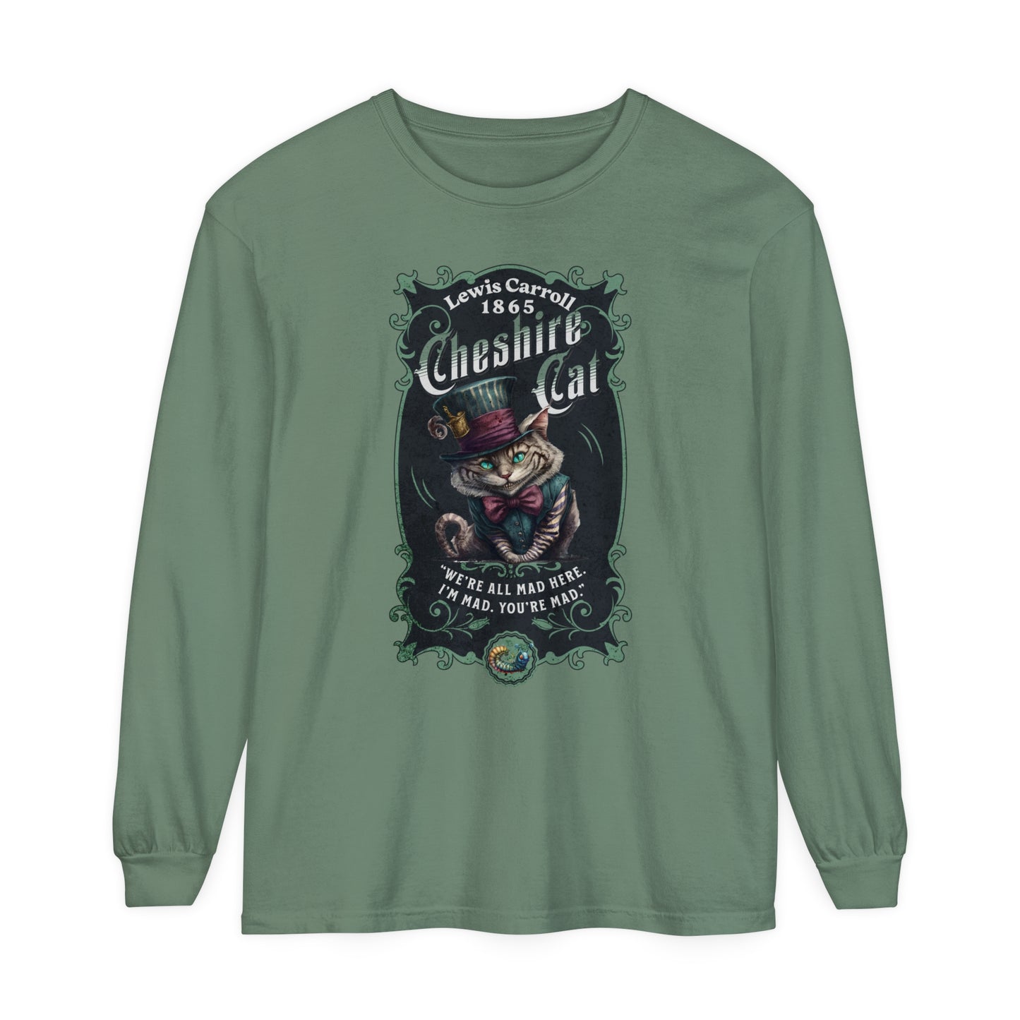 Cheshire Cat Long Sleeve Shirt, Alice in Wonderland, Lewis Carroll Dark Academia TShirt Mad Hatter Tea Party Bookish Book Lover Booktok Gift Long-sleeve Printify Light Green S