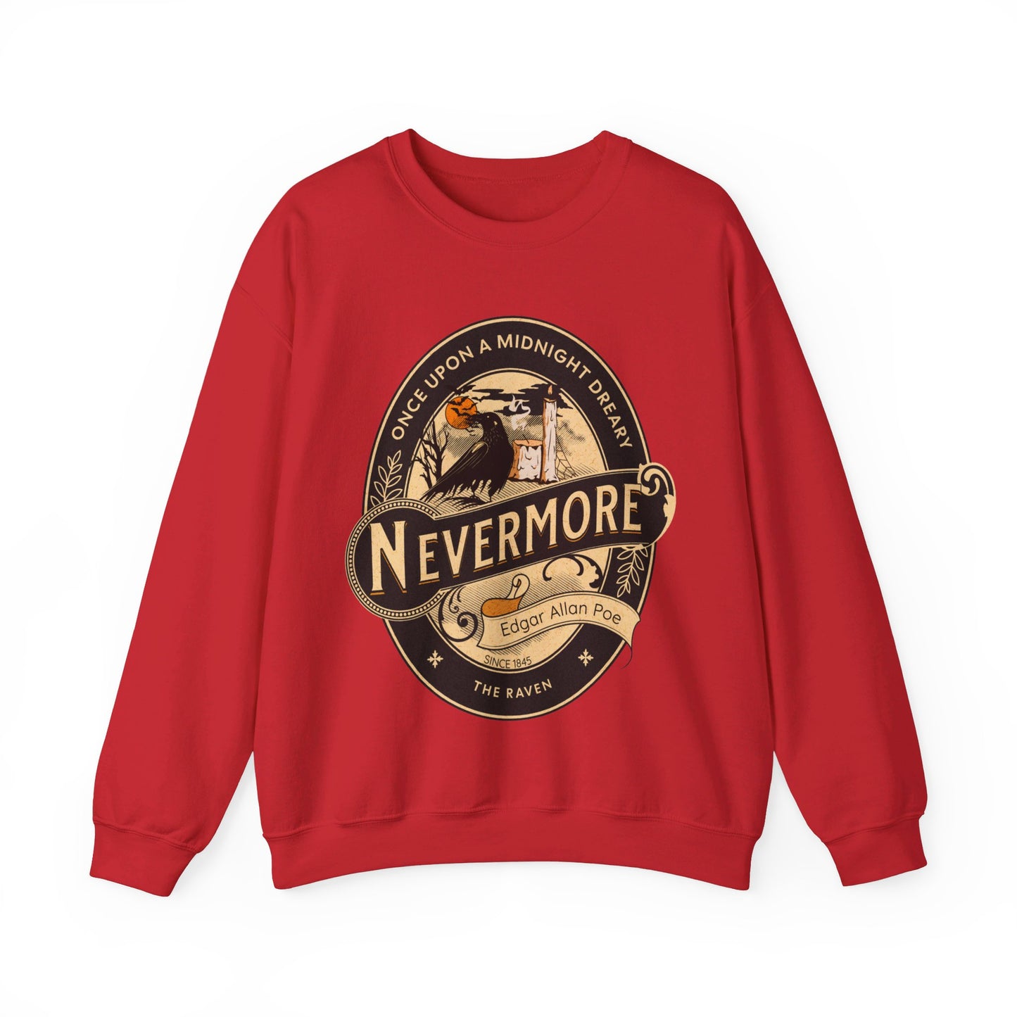 Edgar Allan Poe, Nevermore The Raven Sweatshirt, Book Lover, Halloween, Haunting Gothic Gift, Light, Dark Academia, Horror Movie Sweater Sweatshirt Printify S Red