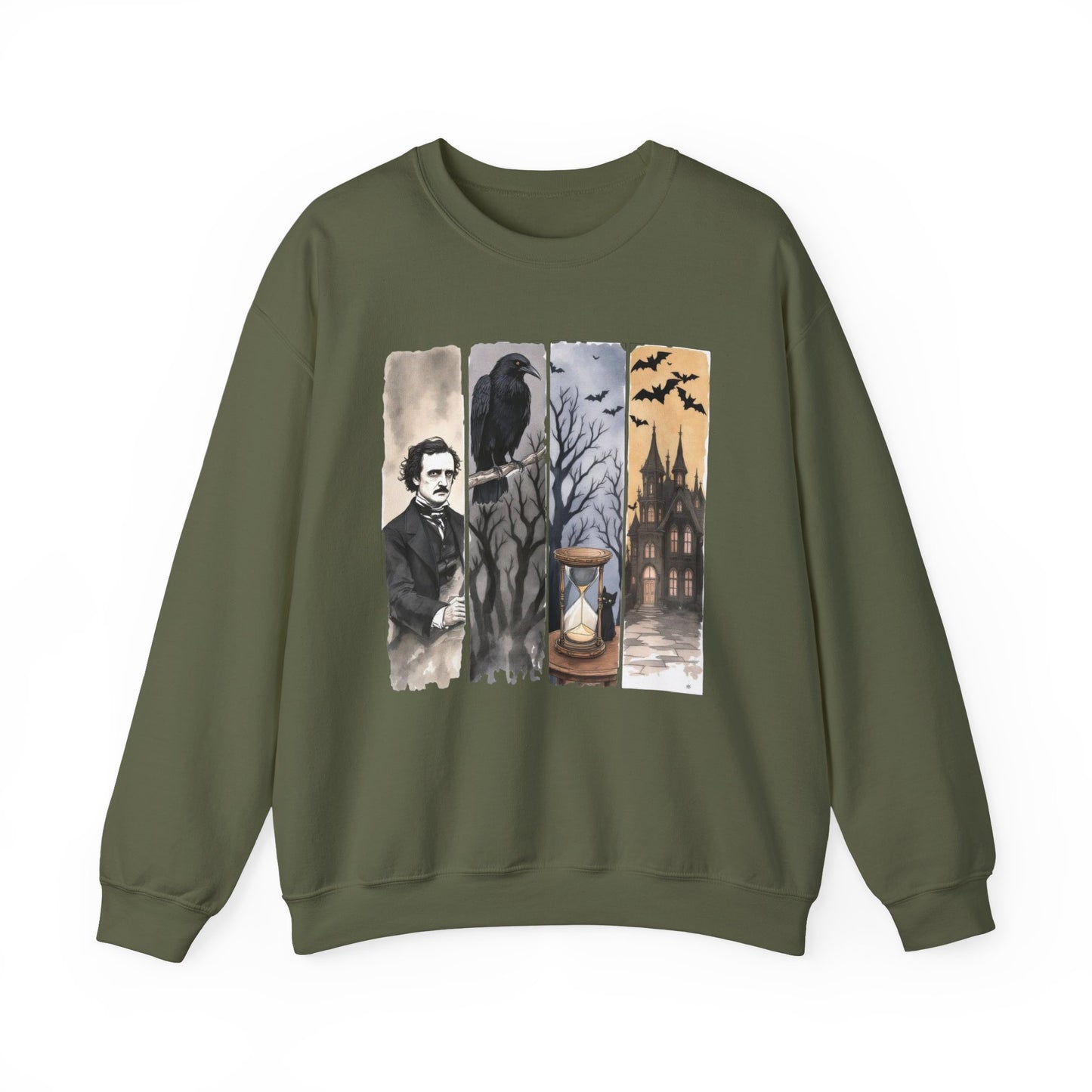 Edgar Allan Poe Sweatshirt The Raven Nevermore Gothic Horror Sweater Dark Academia Macabre Halloween Gift for Book Lovers Birthday Christmas Sweatshirt Printify Military Green S