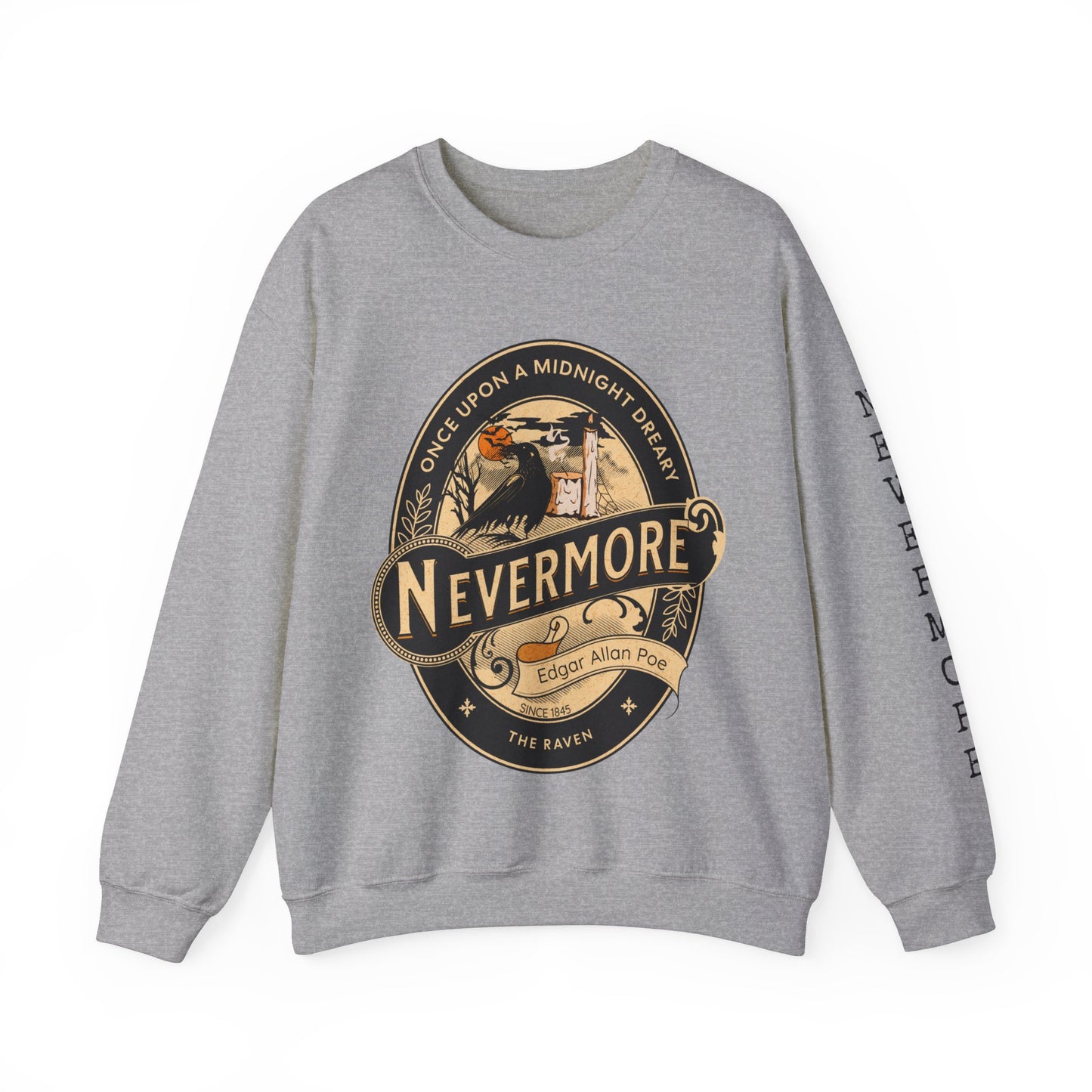 Edgar Allan Poe, Sleeve Print Nevermore The Raven Sweatshirt, Book Lover, Halloween, Haunting Gothic Gift, Light, Dark Academia, Horror Movie Sweater Sweatshirt Printify S Sport Grey
