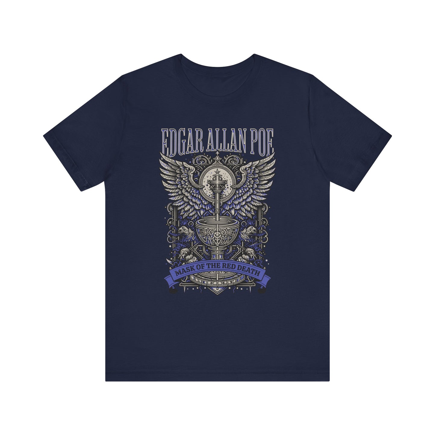 Edgar Allan Poe, Mask Of The Red Death T-Shirt, Book Lover Tee, Haunting Gothic Gift, Light, Dark Academia, Literary Poetry Bookclub Shirt T-Shirt Printify Navy S