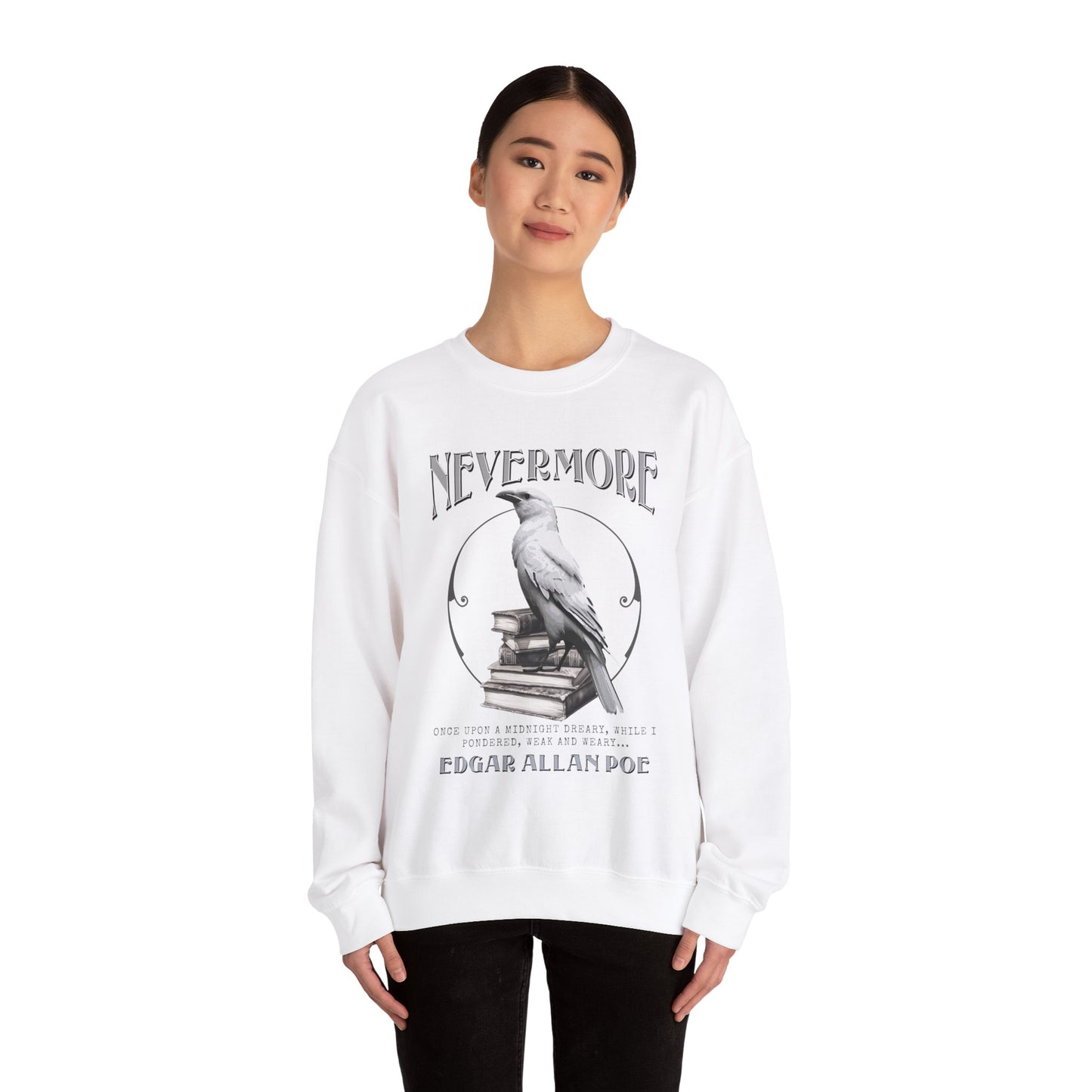 The White Raven Edgar Allan Poe Nevermore Sweatshirt Book Lover Halloween Haunting Gothic Gift Light Dark Academia Horror Movie Bookclub Sweater Sweatshirt Printify