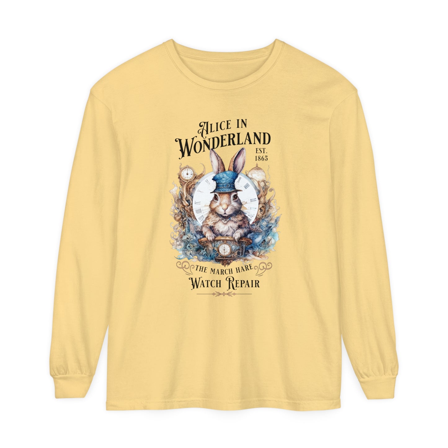 Alice in Wonderland Long Sleeve Shirt, Lewis Carroll Dark Academia TShirt, Mad Hatter Tea Party March Hare White Rabbit Bookish Booktok Gift Long-sleeve Printify Butter S